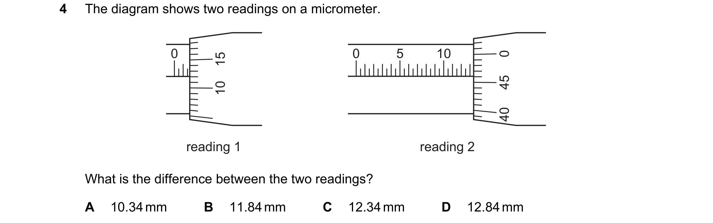 Question 124: The diagram shows two readings on a micrometer. 0 15 0 5 10 0 10 45 40 reading 1 reading 2 What is the difference between the two readings?…