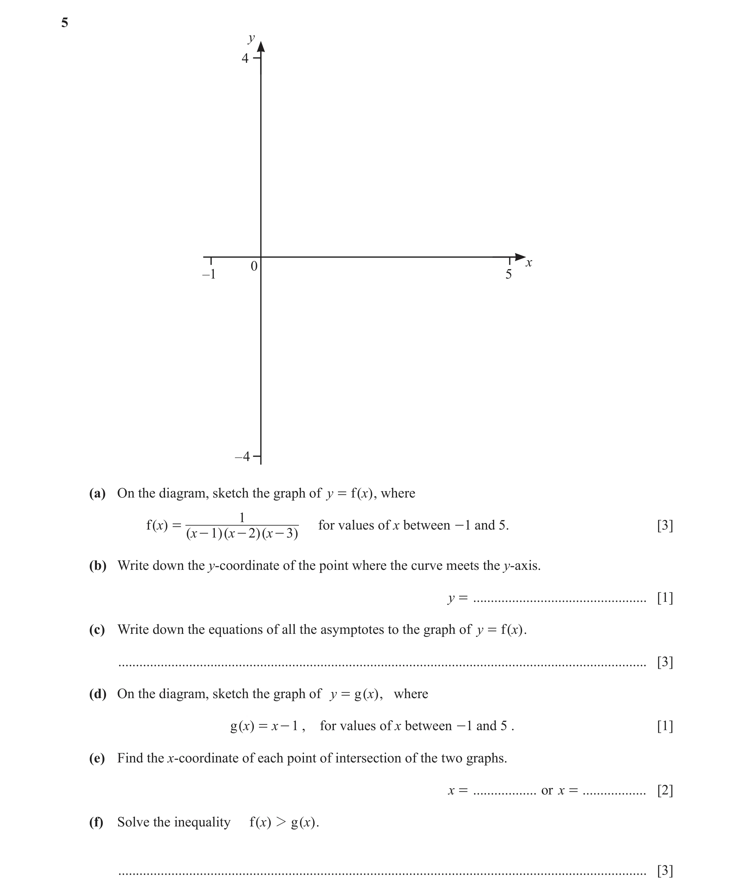 Question 55: y 4 x 0 –1 5 – 4 (a) On the diagram, sketch the graph of y = f ( x) , where 1 f ( x) = for values of x between - 1 and 5. [3] ( x - 1)( x -…