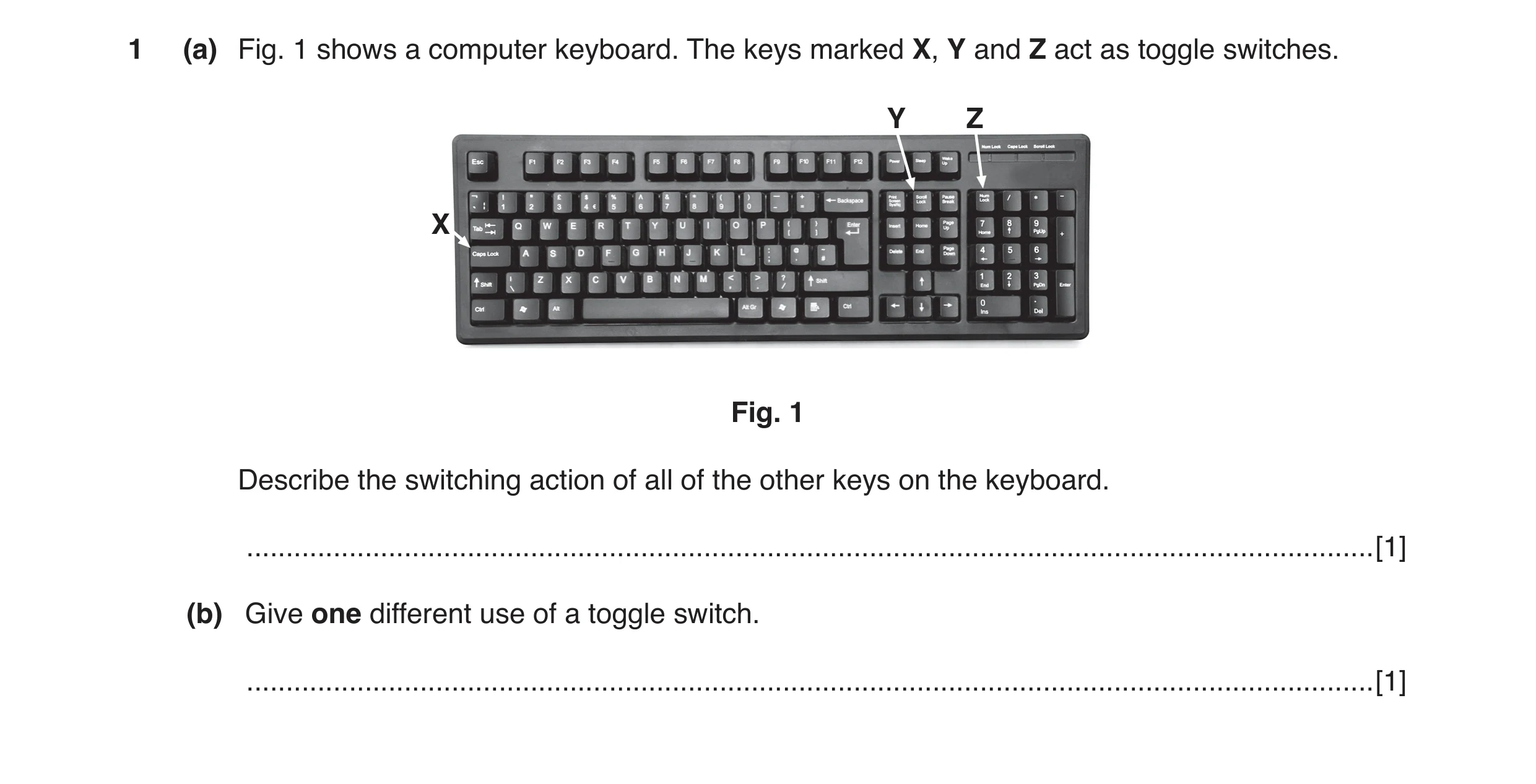 Question 31: (a) Fig. 1 shows a computer keyboard. The keys marked X, Y and Z act as toggle switches. Y Z X Fig. 1 Describe the switching action of all …