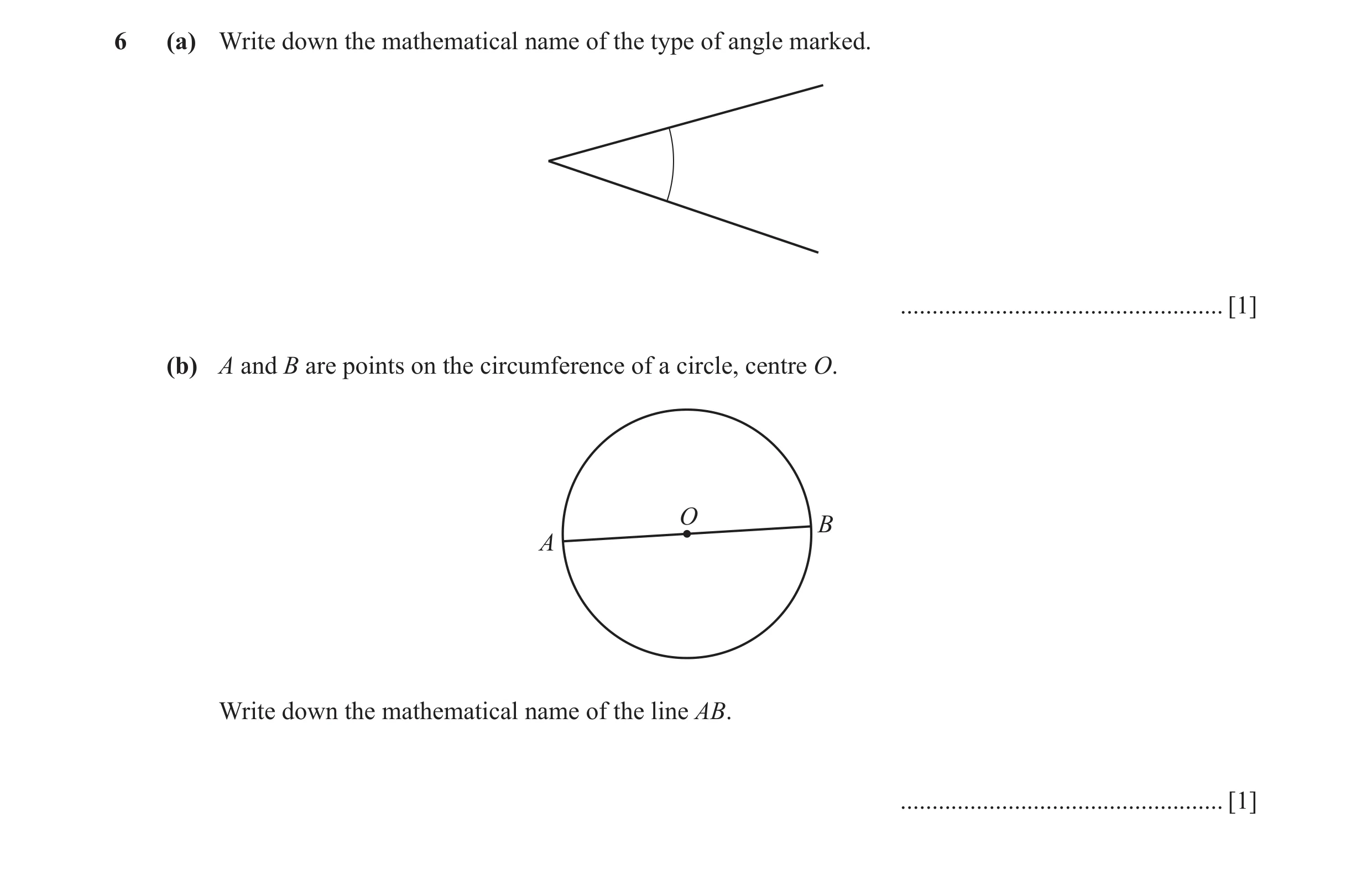 Question 74: (a) Write down the mathematical name of the type of angle marked. ................................................... [1] (b) A and B are p…