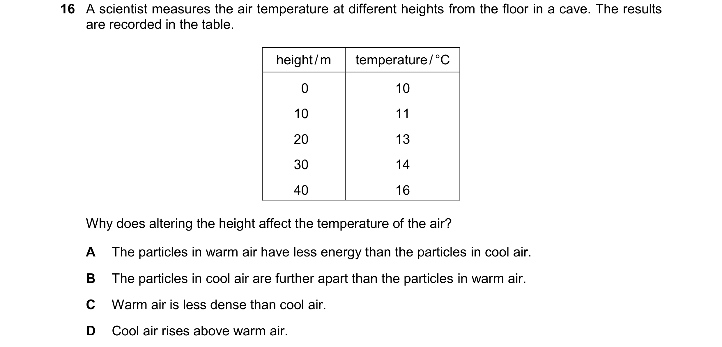 Question 87: A scientist measures the air temperature at different heights from the floor in a cave. The results are recorded in the table. height / m t…