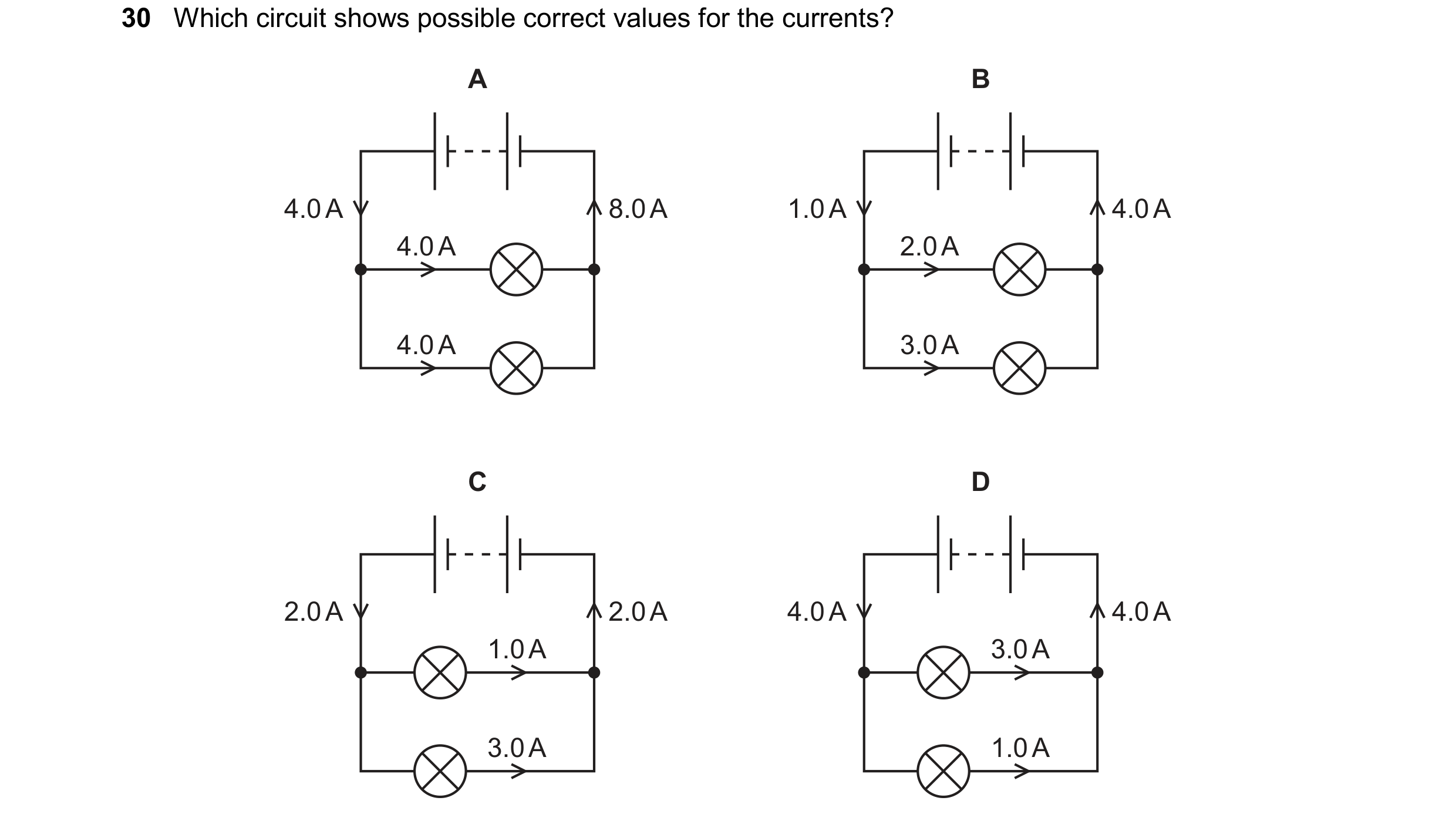 Question 306: Which circuit shows possible correct values for the currents? A B 4.0 A 8.0 A 1.0 A 4.0 A 4.0 A 2.0 A 4.0 A 3.0 A C D 2.0 A 2.0 A 4.0 A 4.0…