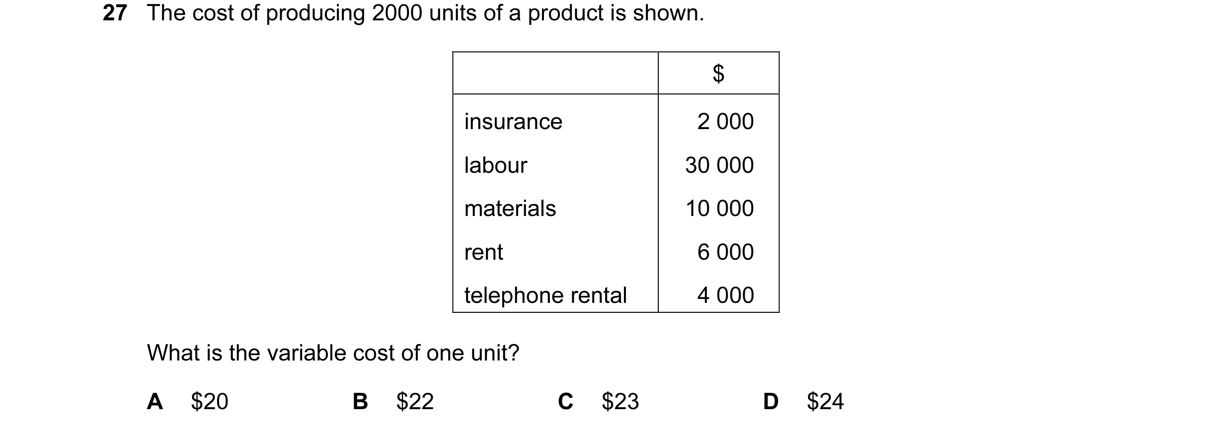 Question 8: The cost of producing 2000 units of a product is shown. $ insurance 2 000 labour 30 000 materials 10 000 rent 6 000 telephone rental 4 000 …