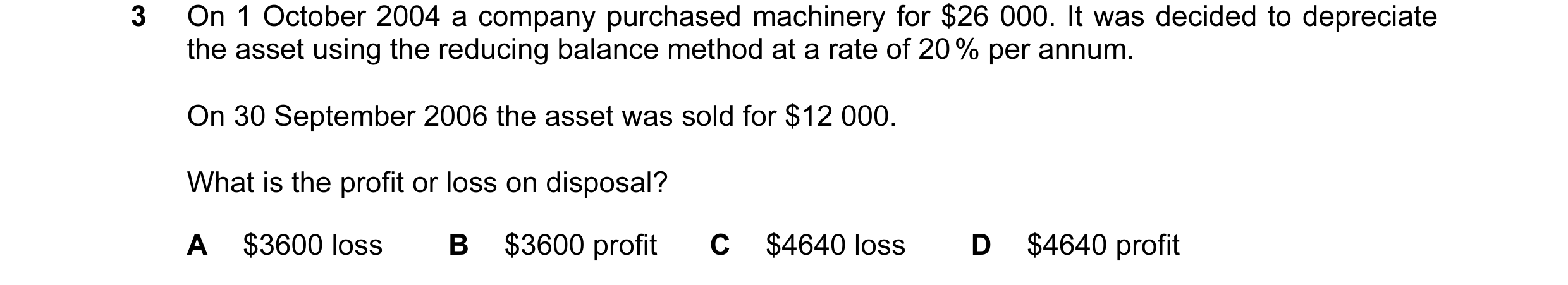 Question 7: On 1 October 2004 a company purchased machinery for $26 000. It was decided to depreciate the asset using the reducing balance method at a …