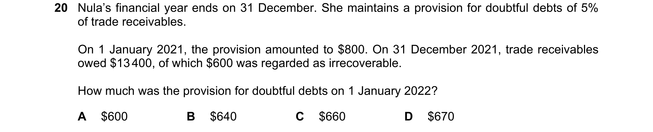 Question 22: Nula’s financial year ends on 31 December. She maintains a provision for doubtful debts of 5% of trade receivables. On 1 January 2021, the …