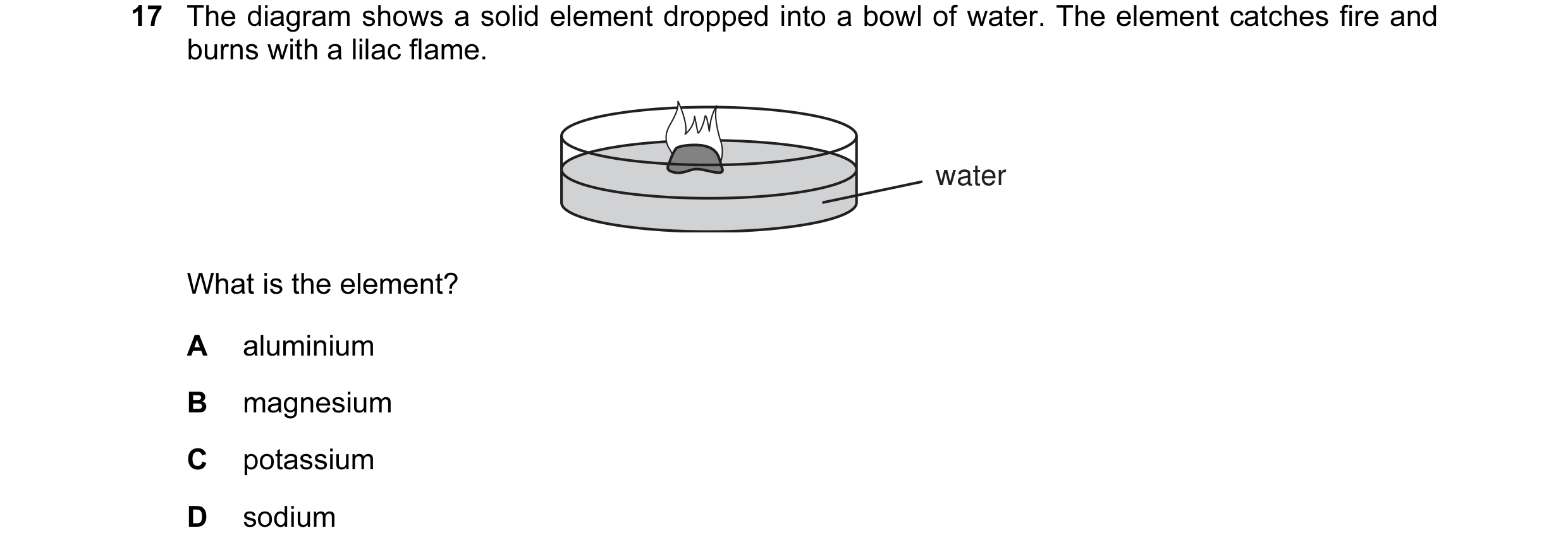 Question 1: The diagram shows a solid element dropped into a bowl of water. The element catches fire and burns with a lilac flame. water What is the el…