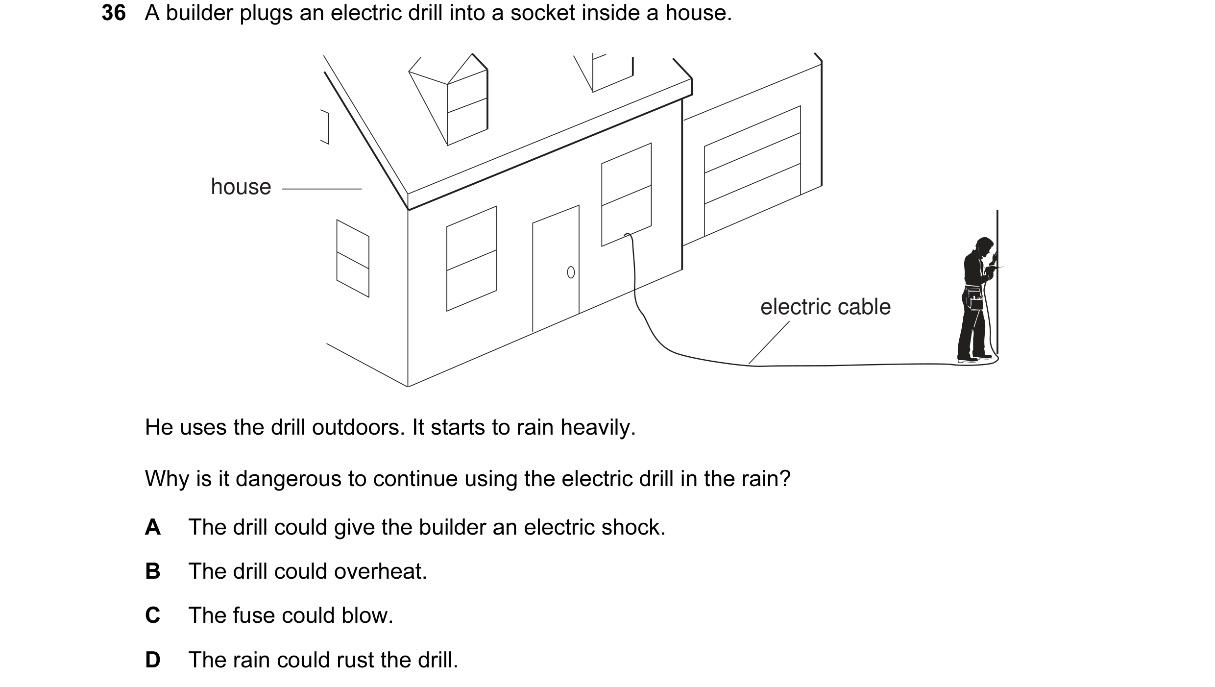 Question 1: A builder plugs an electric drill into a socket inside a house. house electric cable He uses the drill outdoors. It starts to rain heavily.…