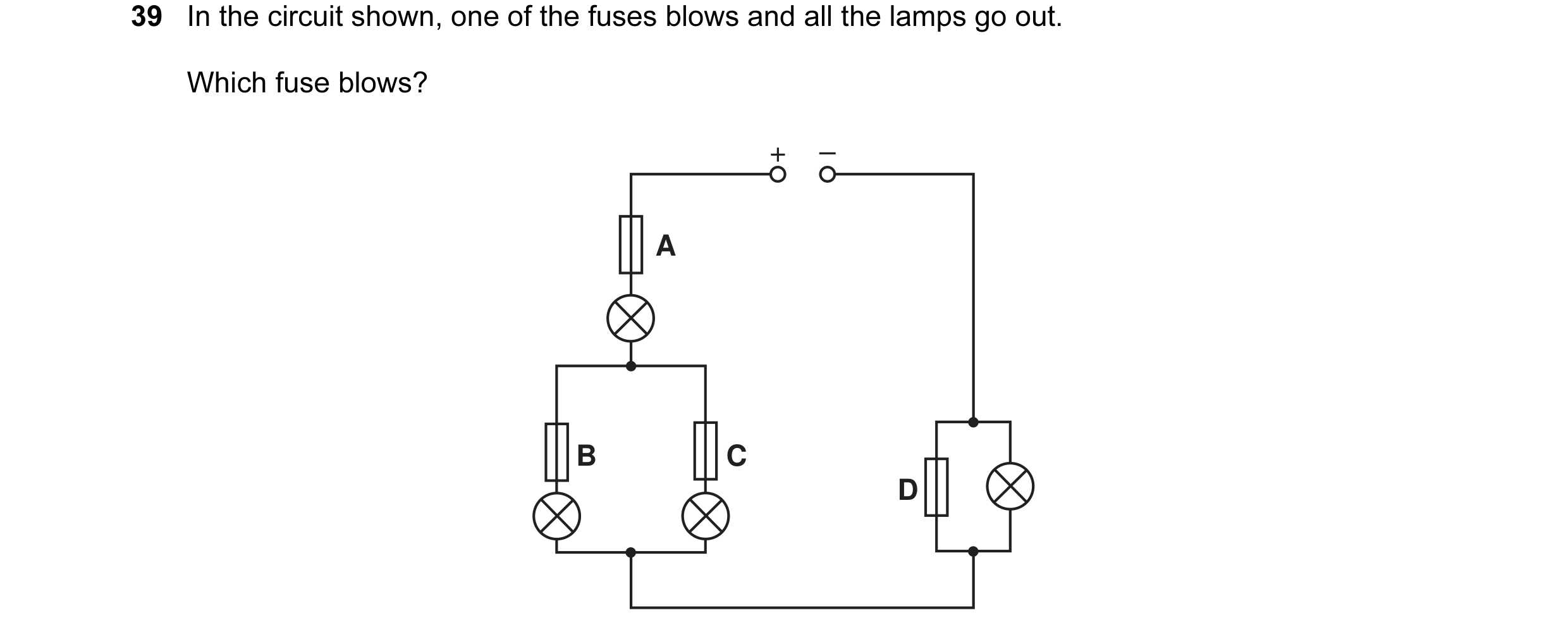 Question 2: In the circuit shown, one of the fuses blows and all the lamps go out. Which fuse blows? + – A B C D