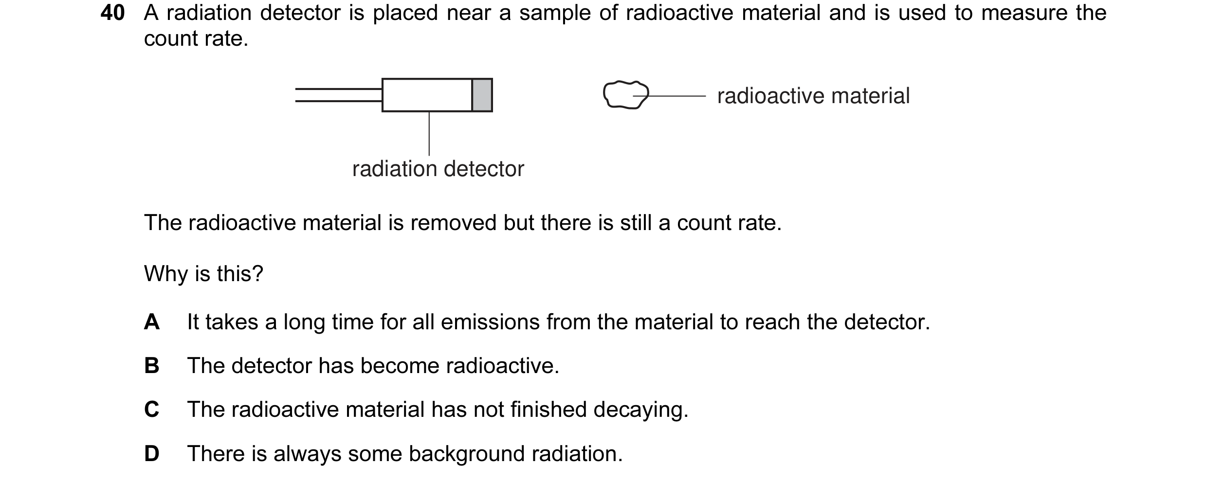 Question 1: A radiation detector is placed near a sample of radioactive material and is used to measure the count rate. radioactive material radiation …