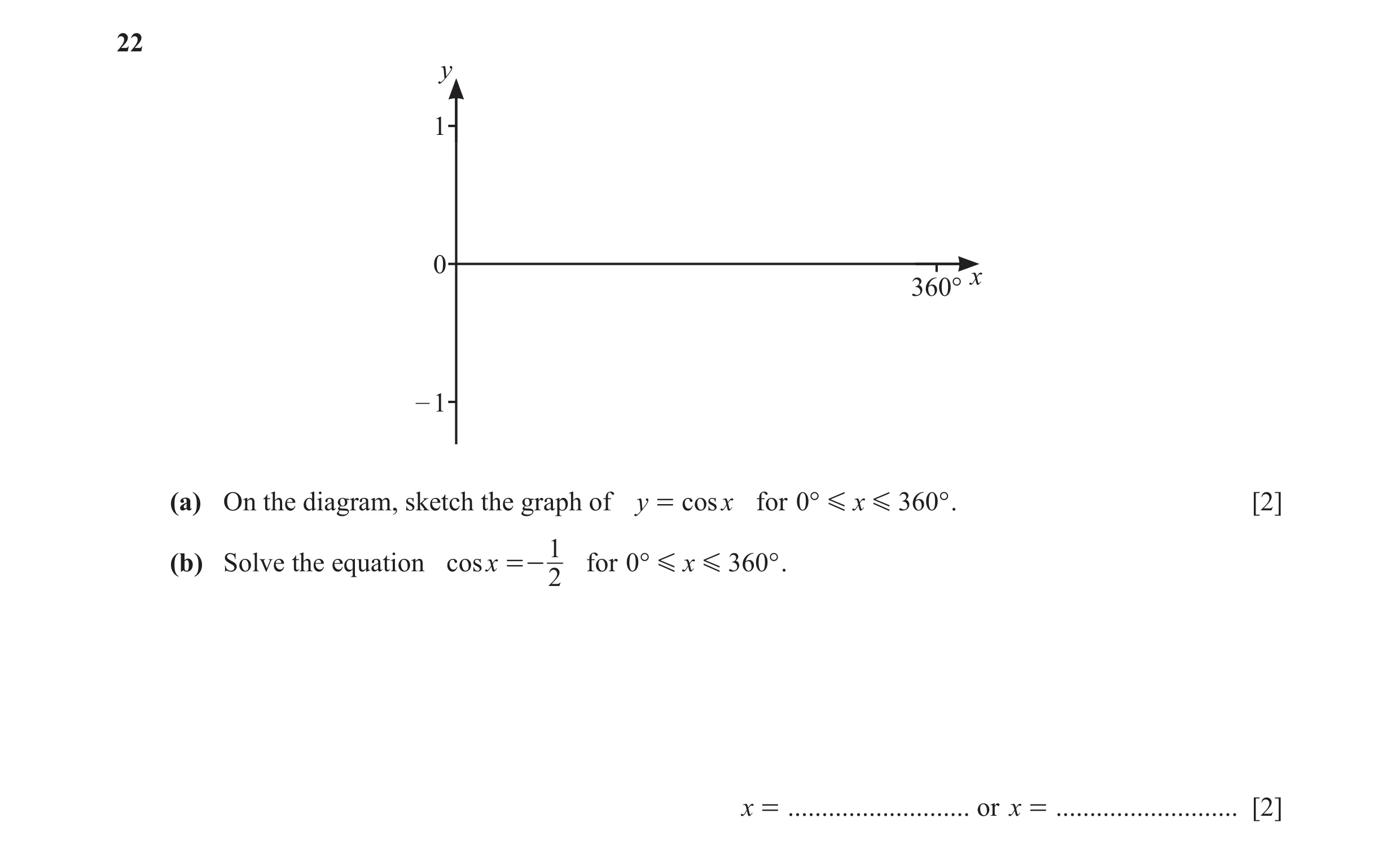 Question 7: y 1 0 x 360° – 1 (a) On the diagram, sketch the graph of y = cos x for 0° G x G 360° . [2] 1 (b) Solve the equation cosx =- for 0° G x G 36…