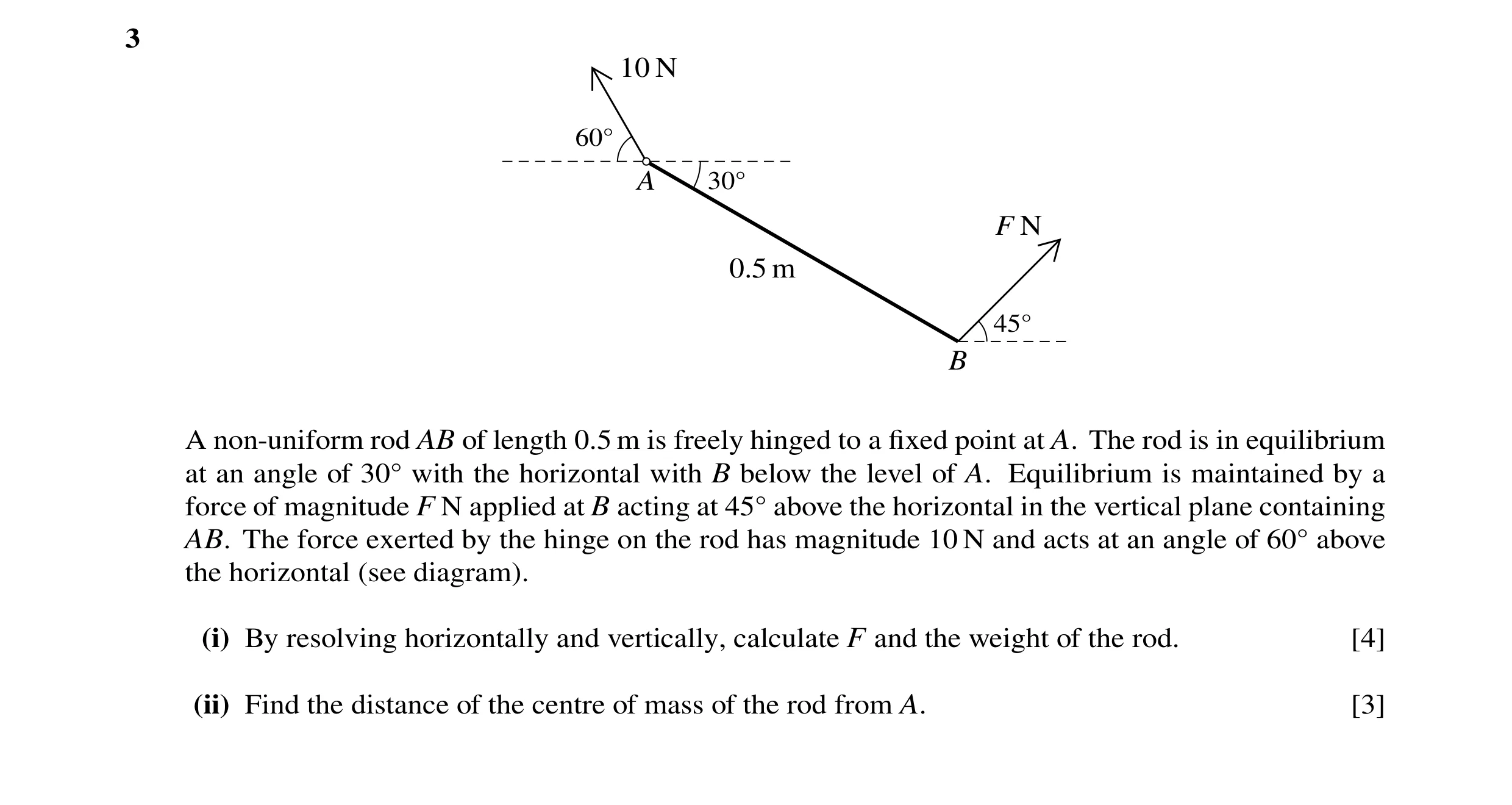 Question 141: 10 N 60Å A 30Å F N 0.5 m 45Å B A non-uniform rod AB of length 0.5 m is freely hinged to a ﬁxed point at A. The rod is in equilibrium at an …