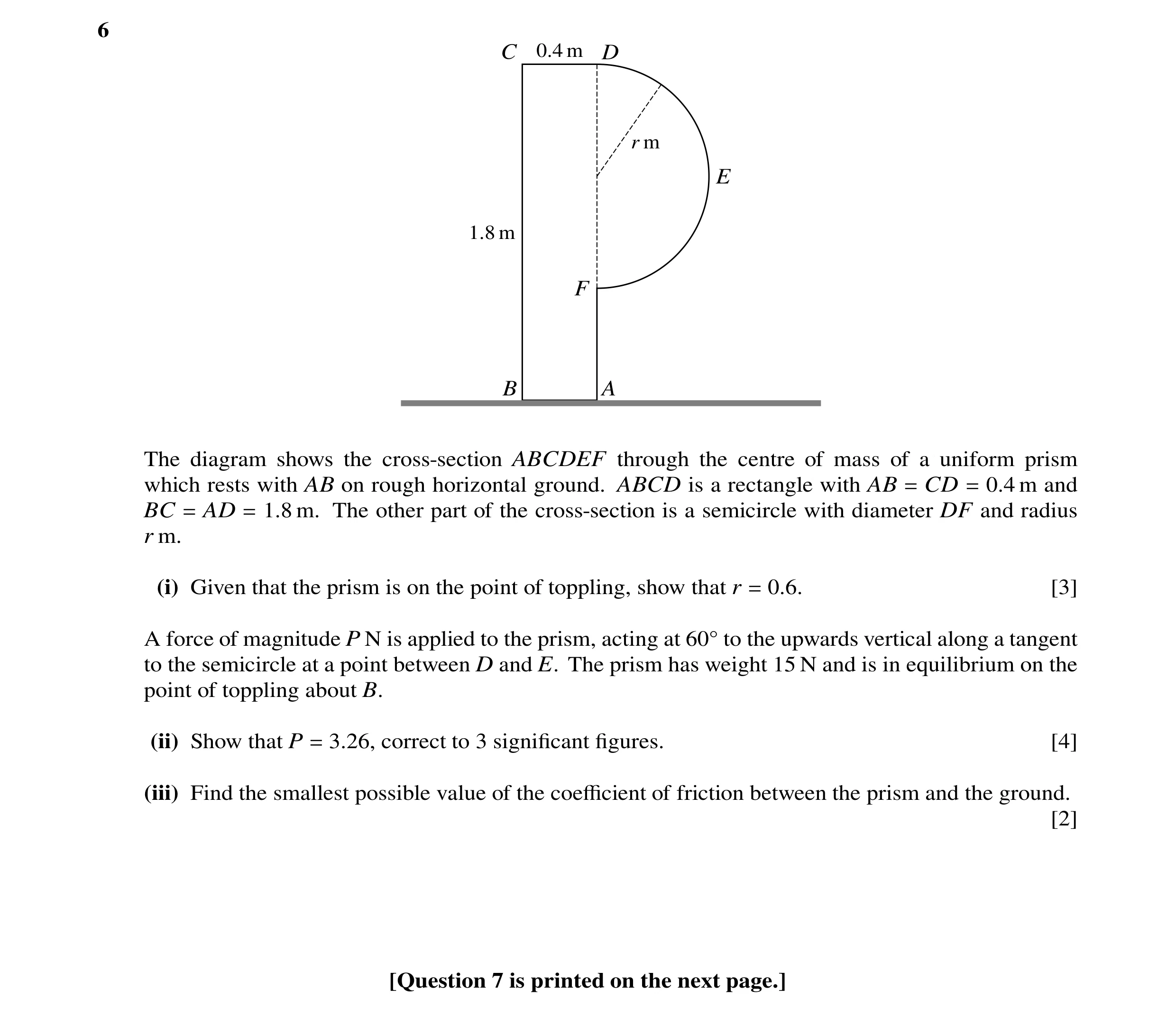 Question 142: C 0.4 m D r m E 1.8 m F B A The diagram shows the cross-section ABCDEF through the centre of mass of a uniform prism which rests with AB on…