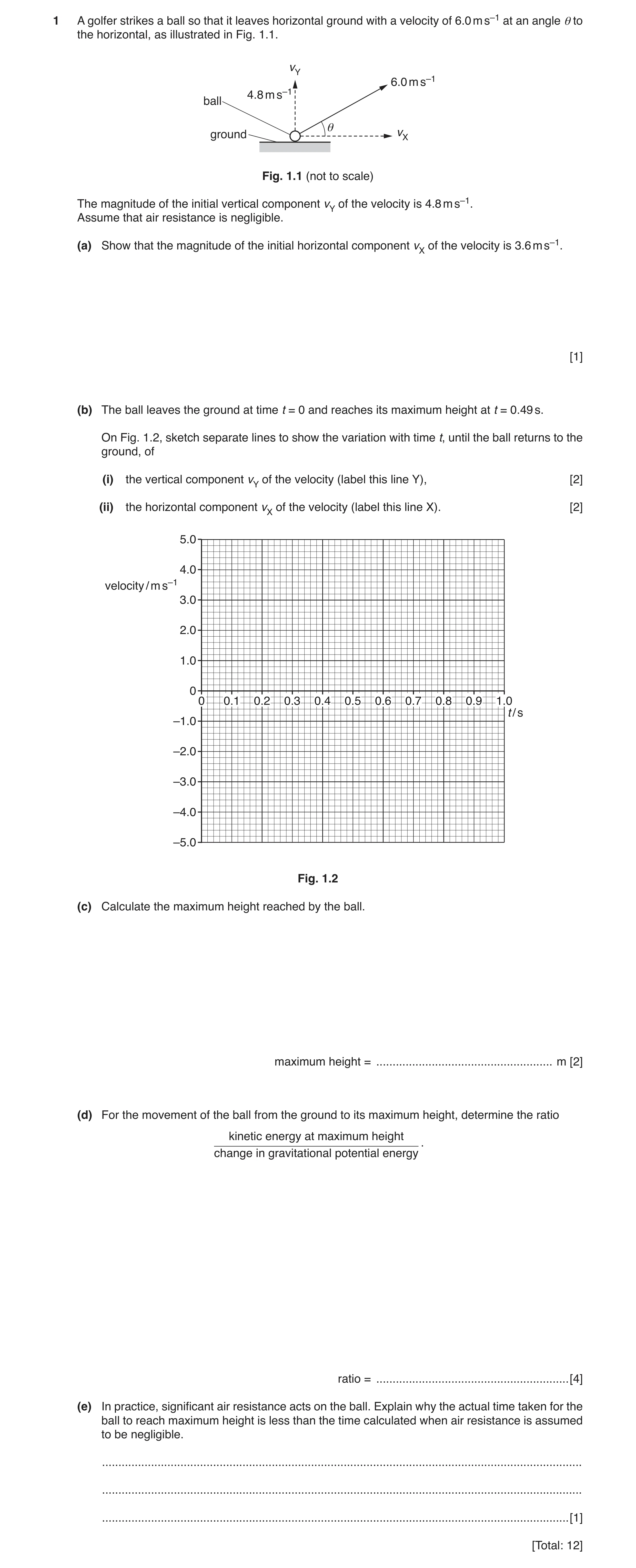 Question 14: A golfer strikes a ball so that it leaves horizontal ground with a velocity of 6.0 m s–1 at an angle θ to the horizontal, as illustrated in…