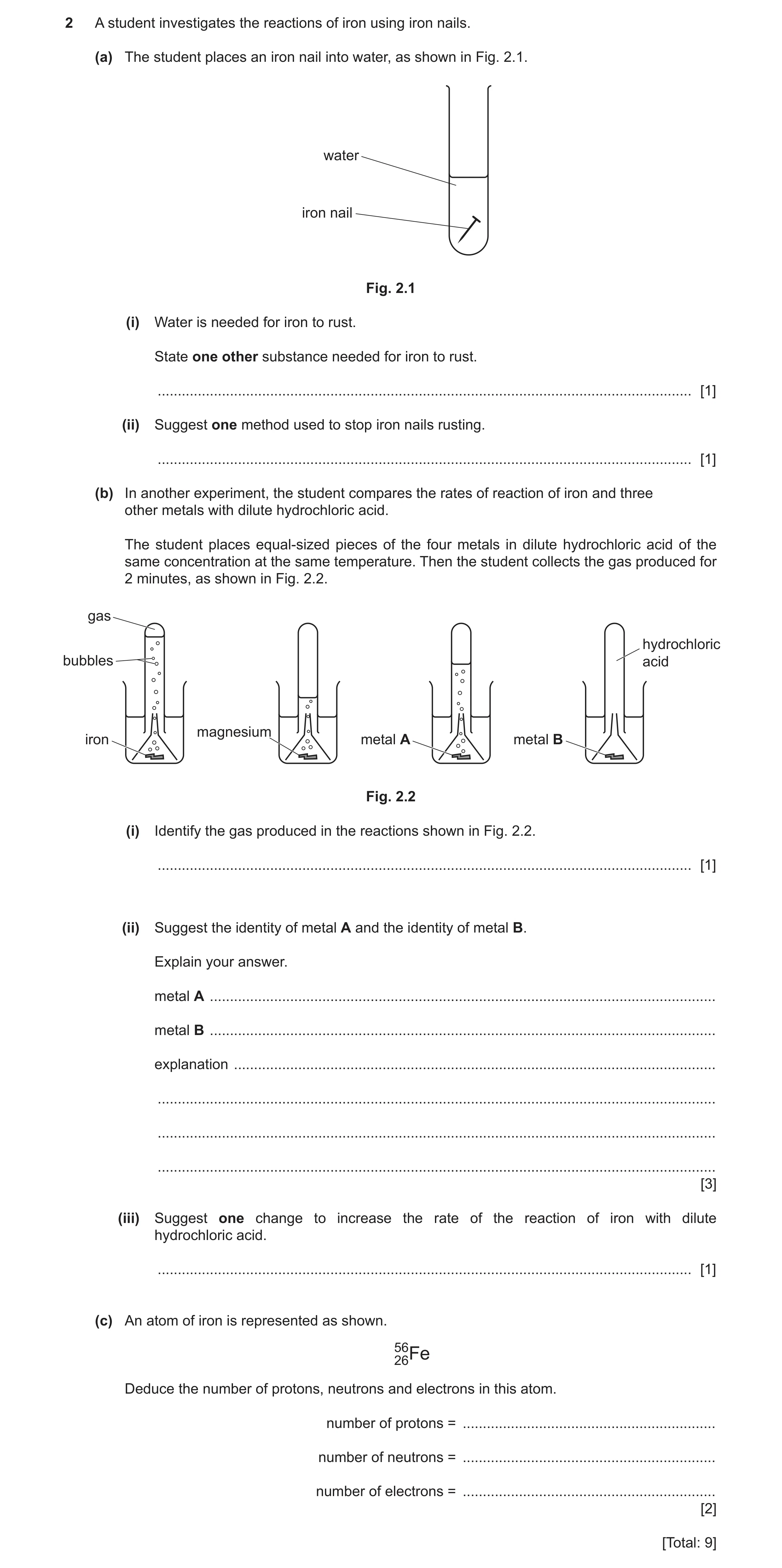 Question 29: A student investigates the reactions of iron using iron nails. (a) The student places an iron nail into water, as shown in Fig. 2.1. water …