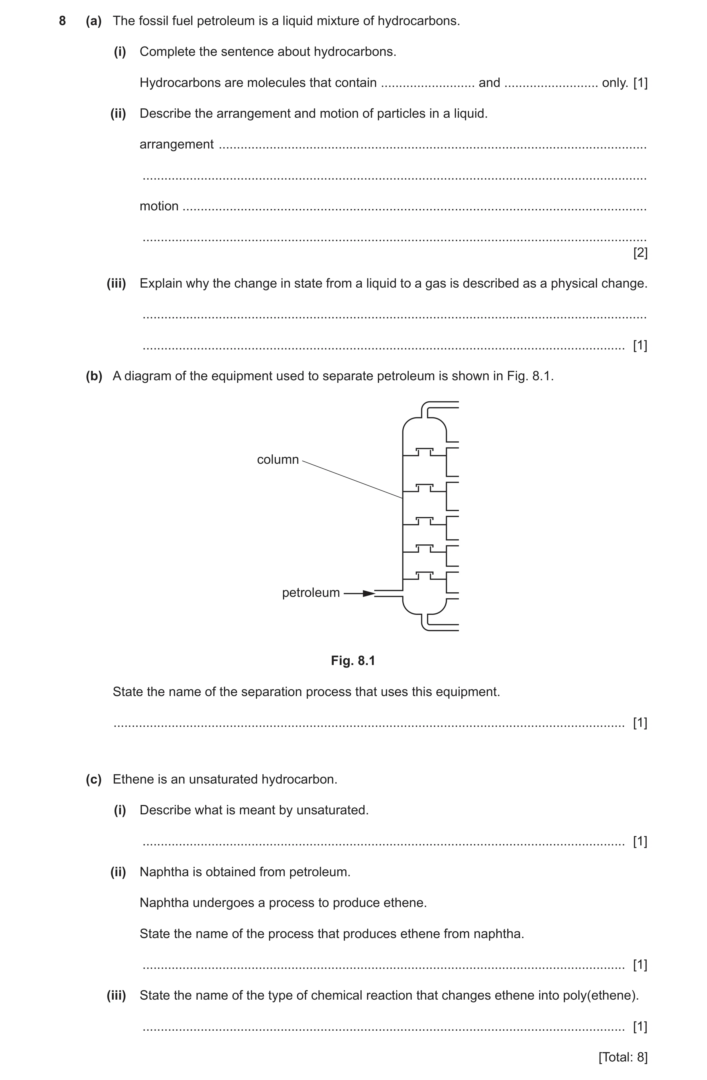 Question 22: (a) The fossil fuel petroleum is a liquid mixture of hydrocarbons. (i) Complete the sentence about hydrocarbons. Hydrocarbons are molecules…