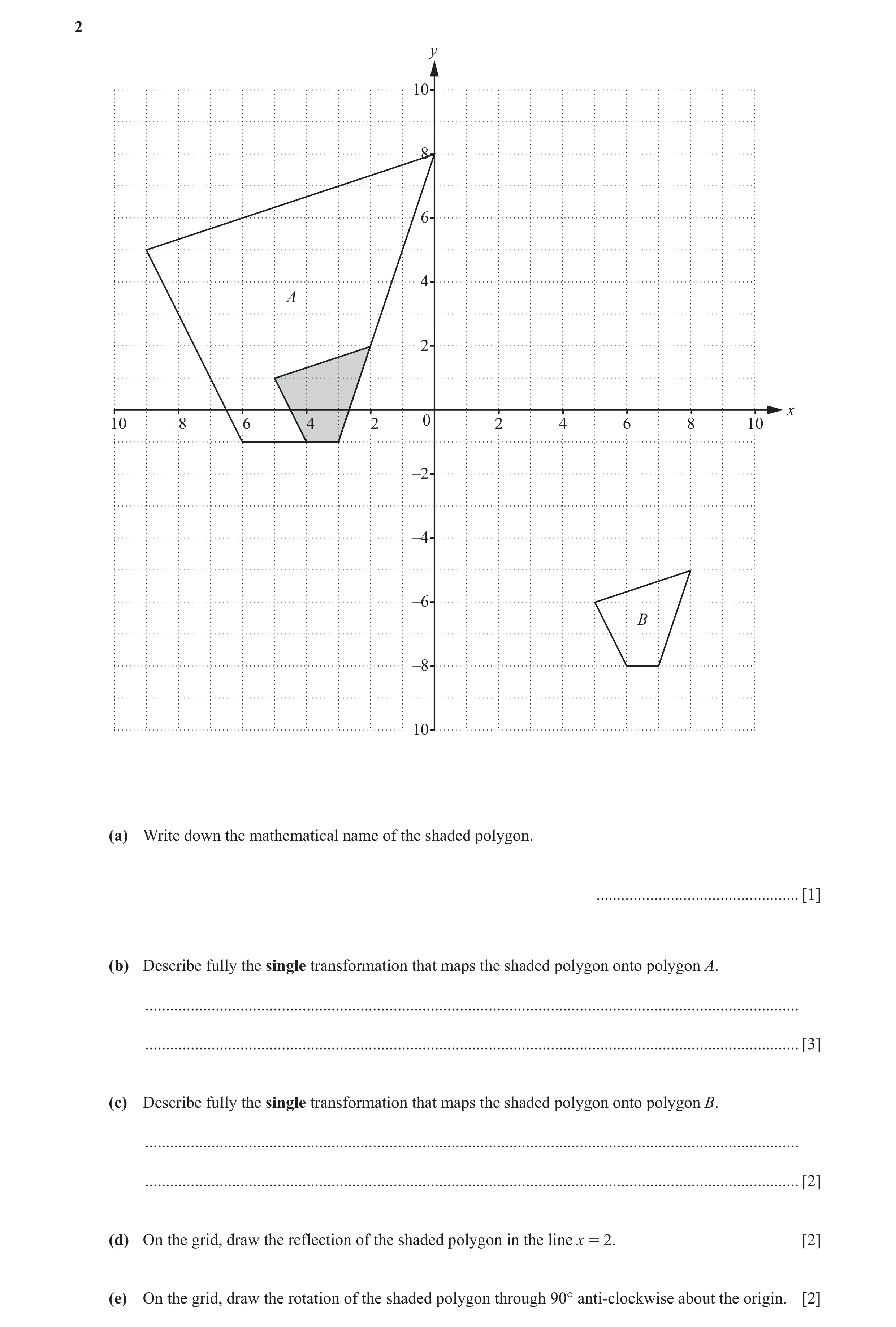 Question 45: y 10 8 6 4 A 2 x –10 –8 –6 –4 –2 0 2 4 6 8 10 –2 –4 –6 B –8 –10 (a) Write down the mathematical name of the shaded polygon. ...............…