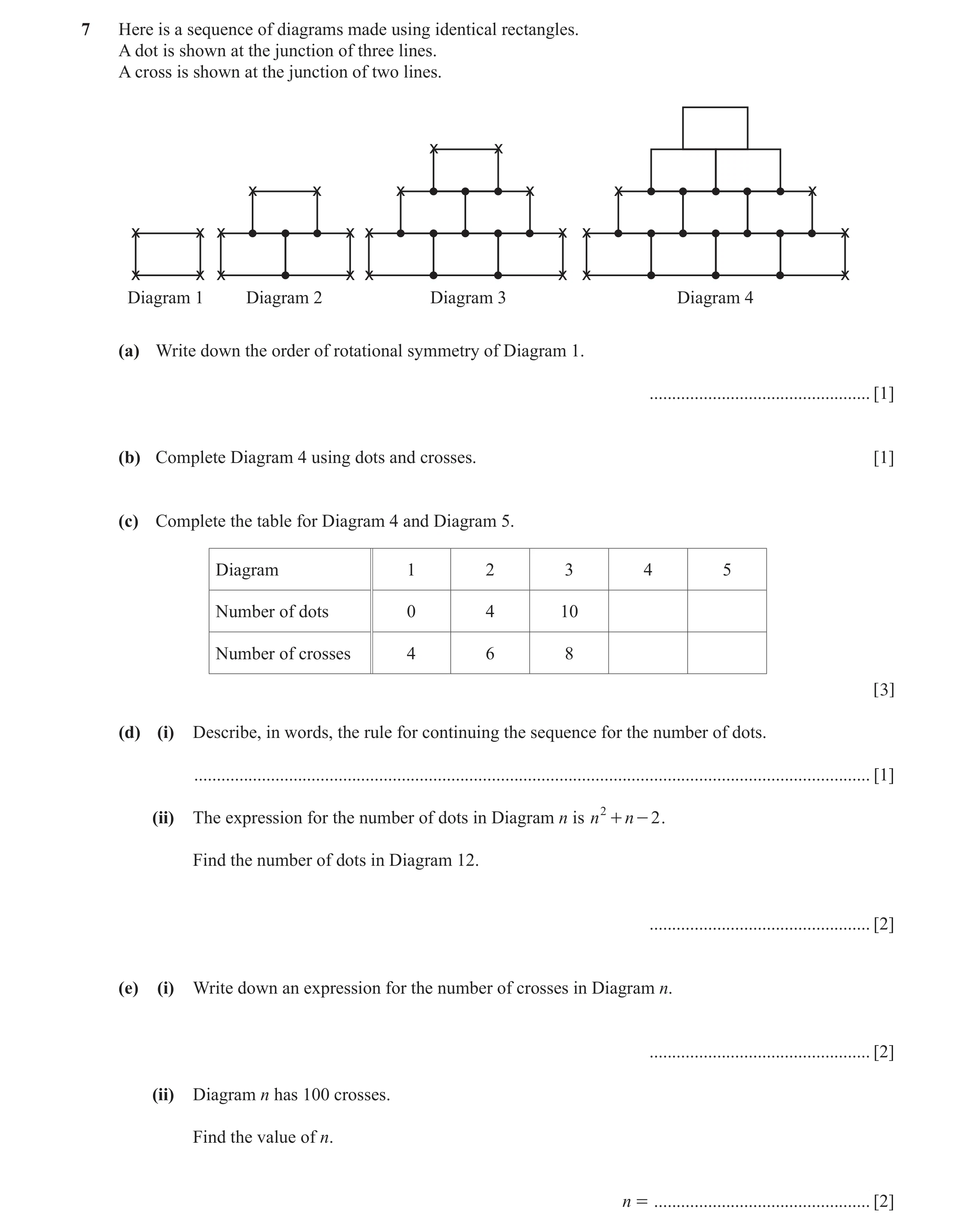 Question 17: Here is a sequence of diagrams made using identical rectangles. A dot is shown at the junction of three lines. A cross is shown at the junc…