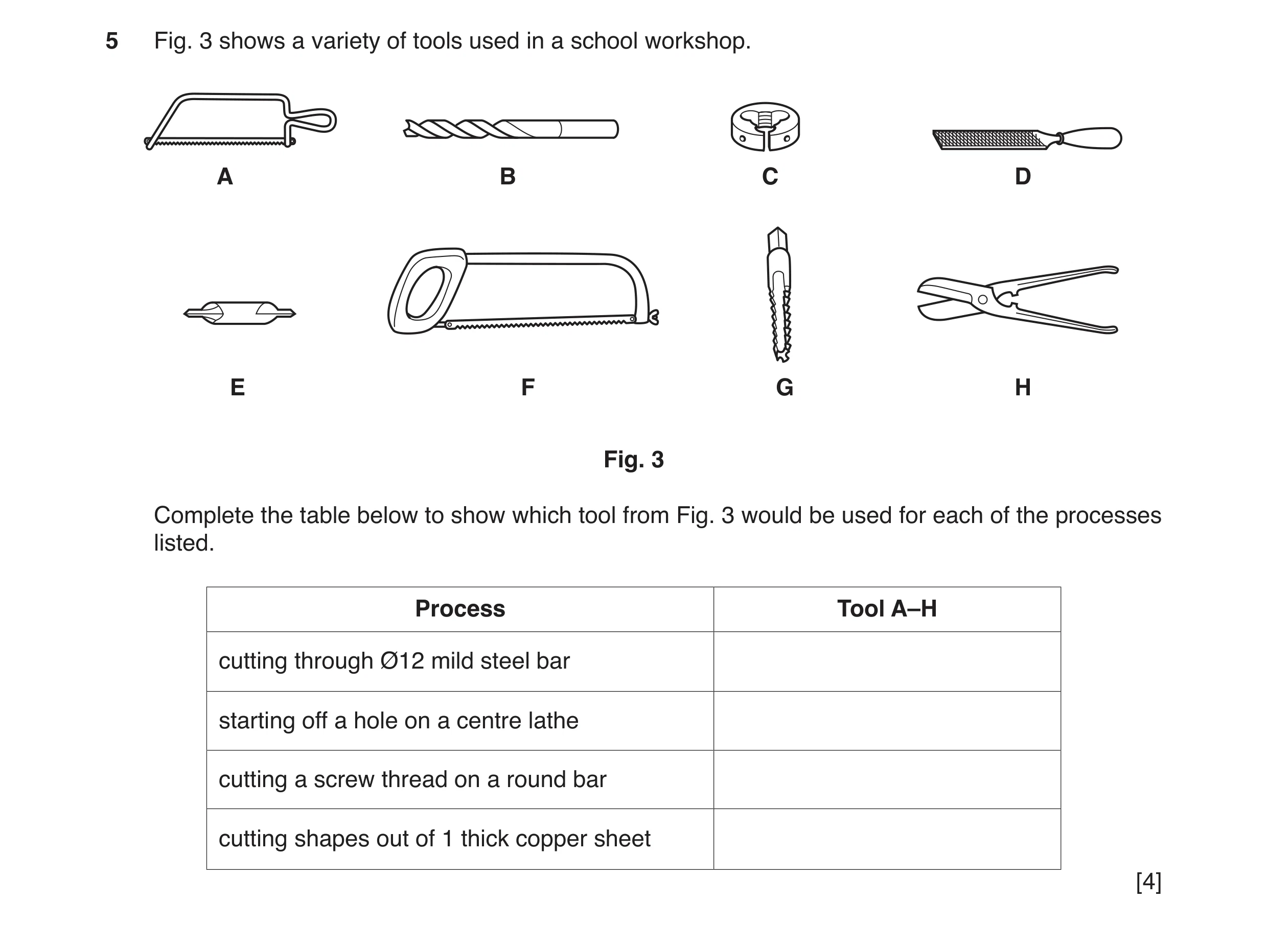 Question 13: Fig. 3 shows a variety of tools used in a school workshop. A B C D E F G H Fig. 3 Complete the table below to show which tool from Fig. 3 w…