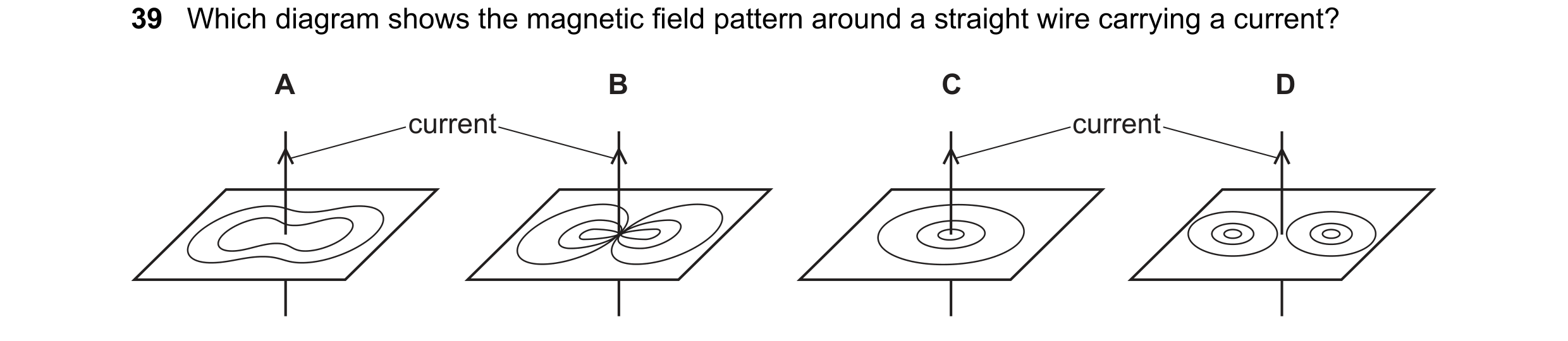 Question 27: Which diagram shows the magnetic field pattern around a straight wire carrying a current? A B C D current current