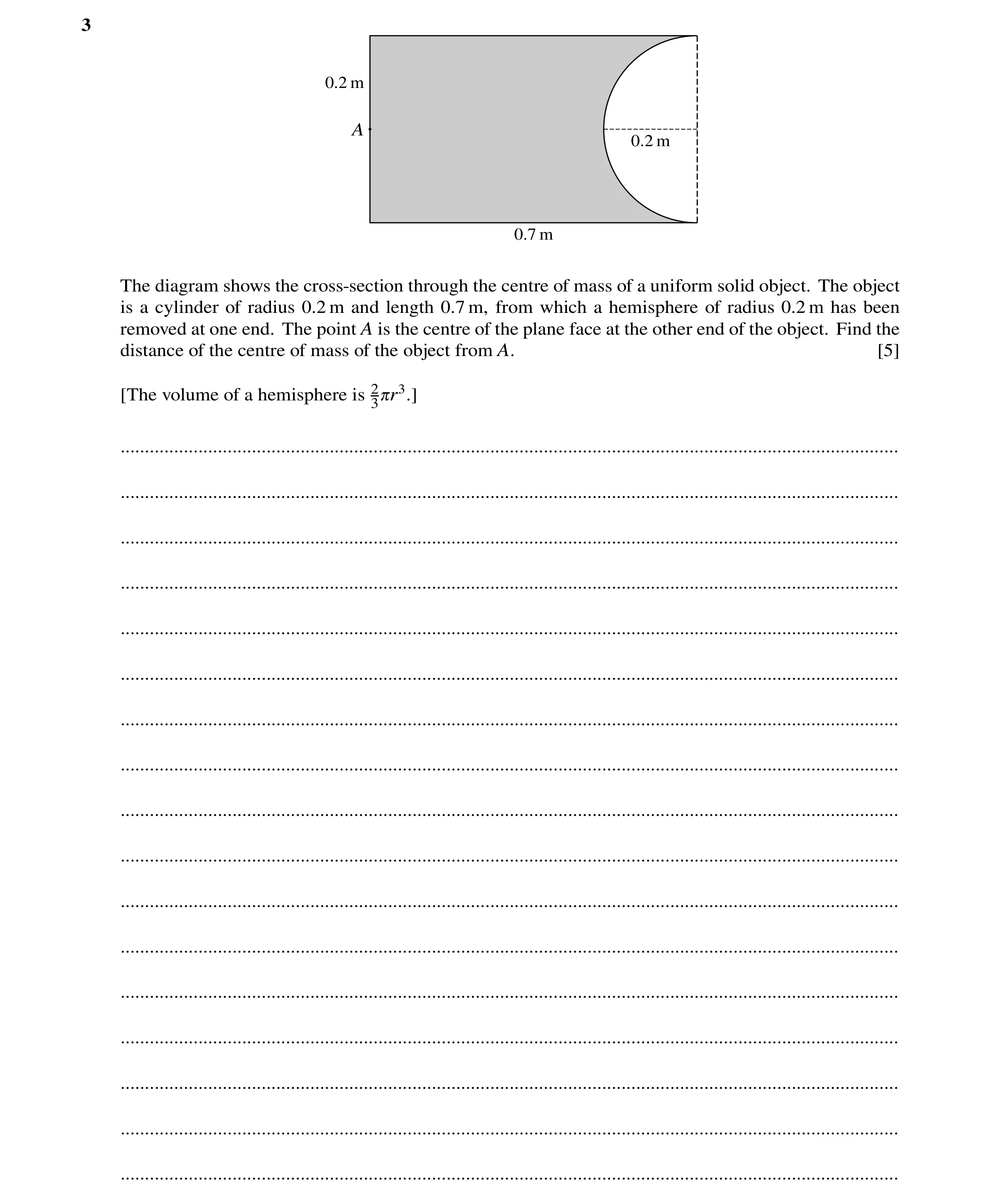 Question 15: 0.2 m A 0.2 m 0.7 m The diagram shows the cross-section through the centre of mass of a uniform solid object. The object is a cylinder of r…