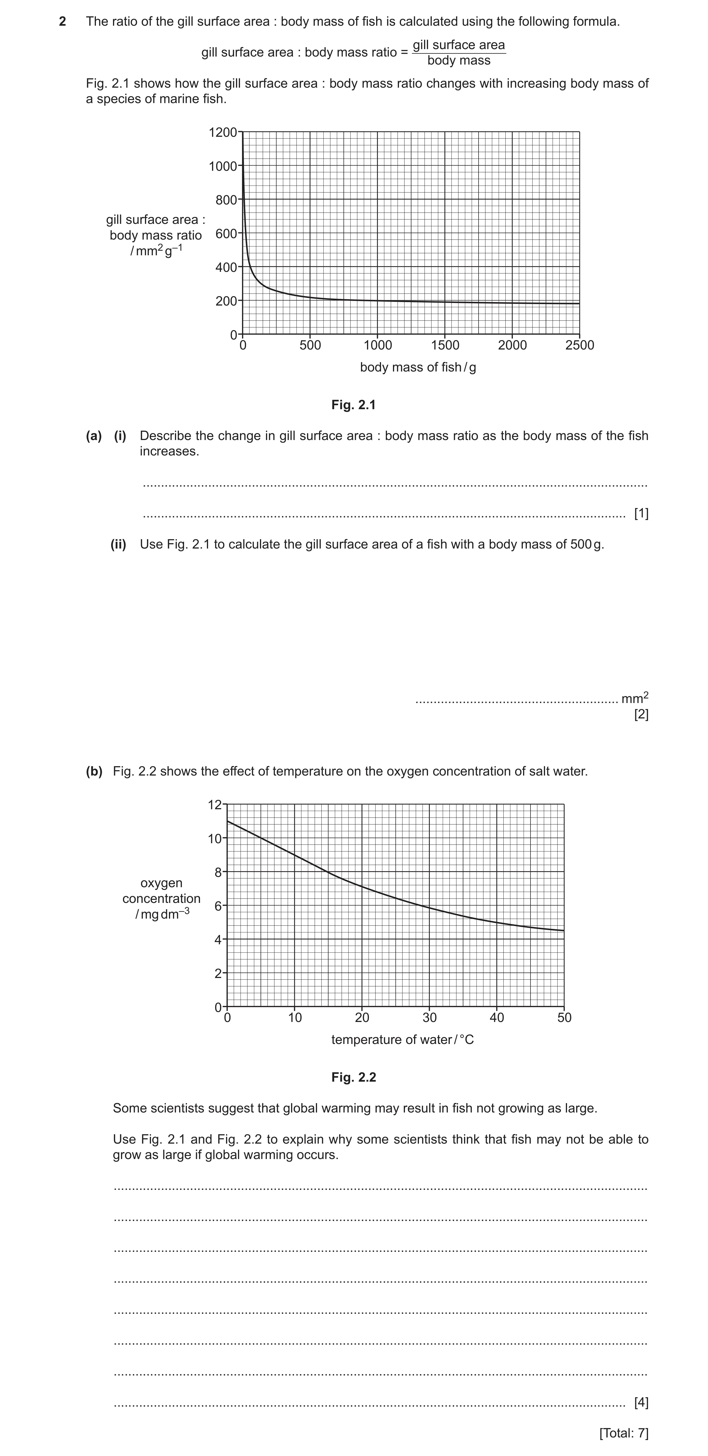 Question 5: The ratio of the gill surface area : body mass of fish is calculated using the following formula. gill surface area gill surface area : bod…