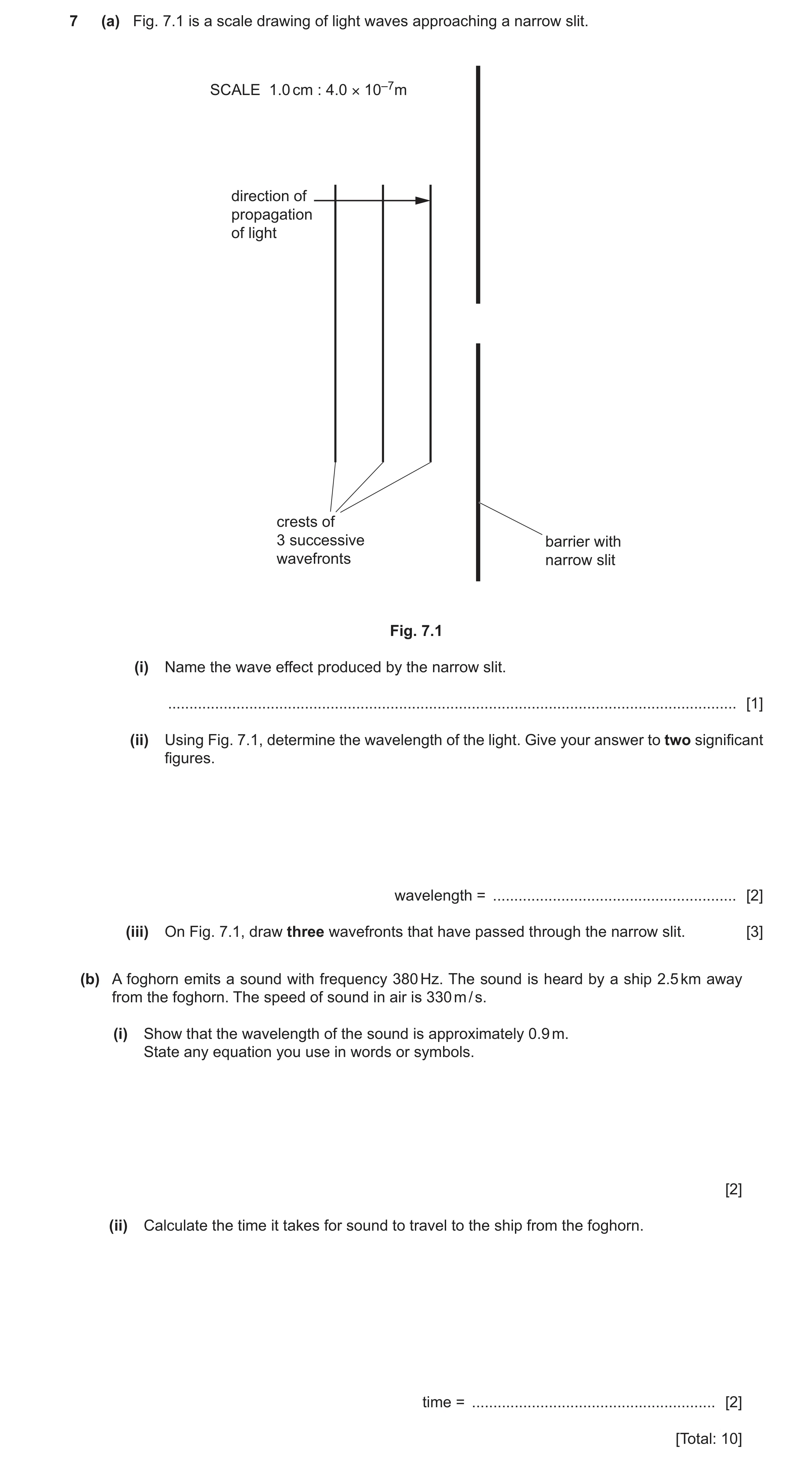 Question 27: (a) Fig. 7.1 is a scale drawing of light waves approaching a narrow slit. SCALE 1.0 cm : 4.0 × 10–7m direction of propagation of light cres…