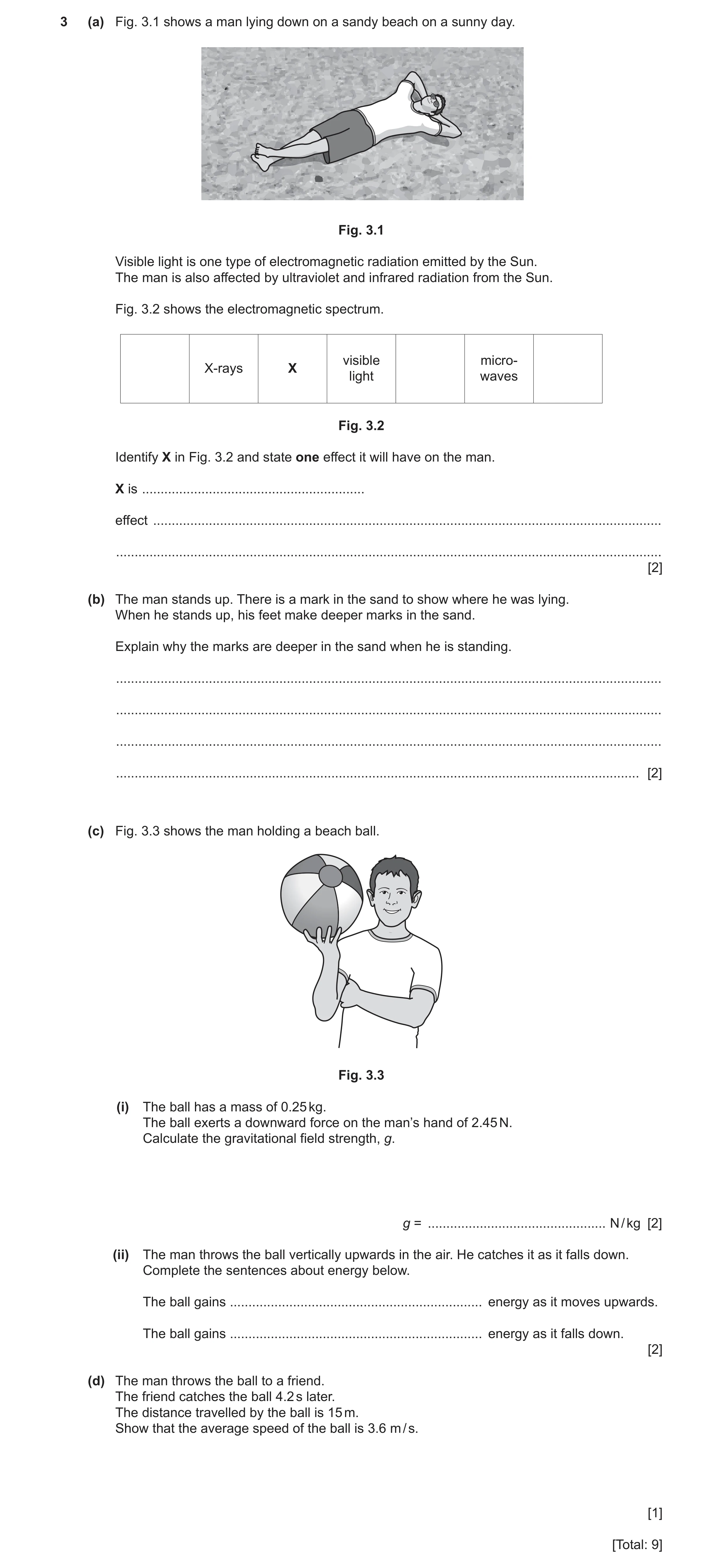 Question 6: (a) Fig. 3.1 shows a man lying down on a sandy beach on a sunny day. Fig. 3.1 Visible light is one type of electromagnetic radiation emitte…