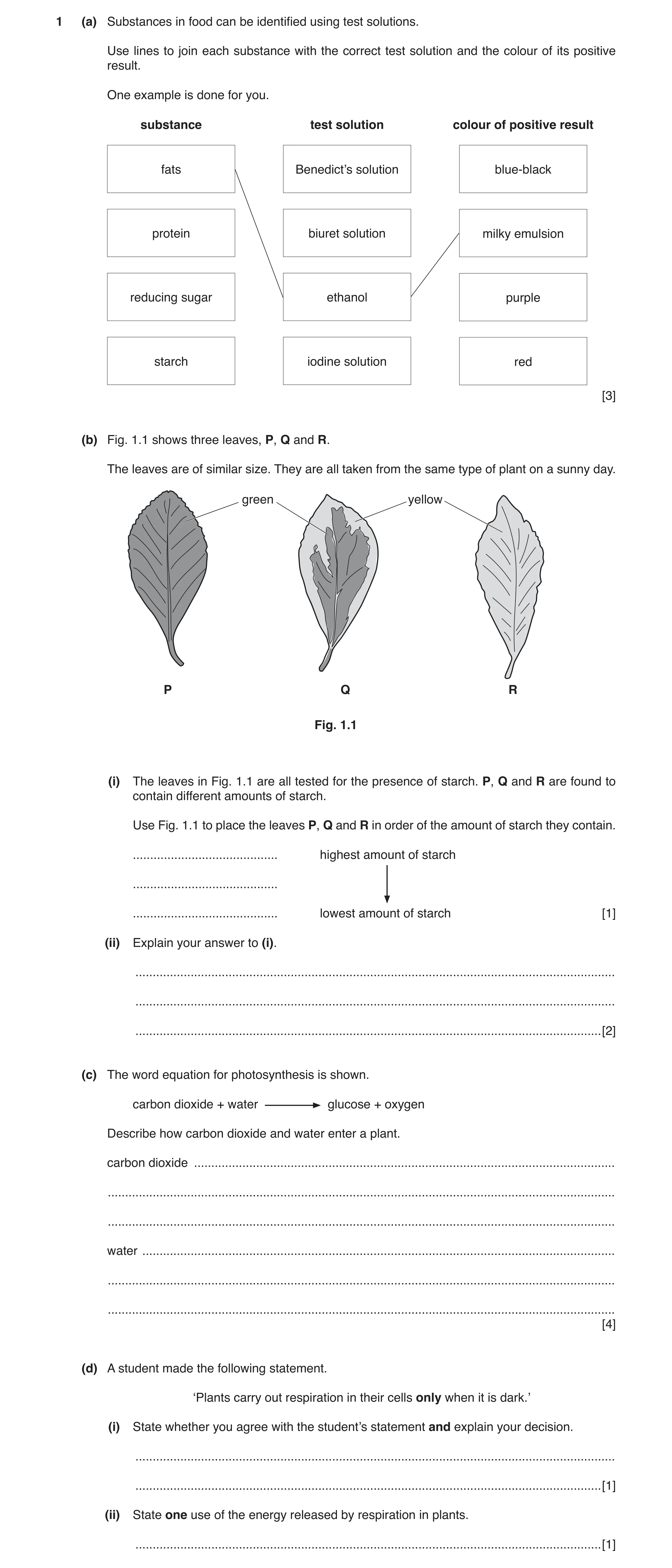 Question 5: (a) Substances in food can be identified using test solutions. Use lines to join each substance with the correct test solution and the colo…