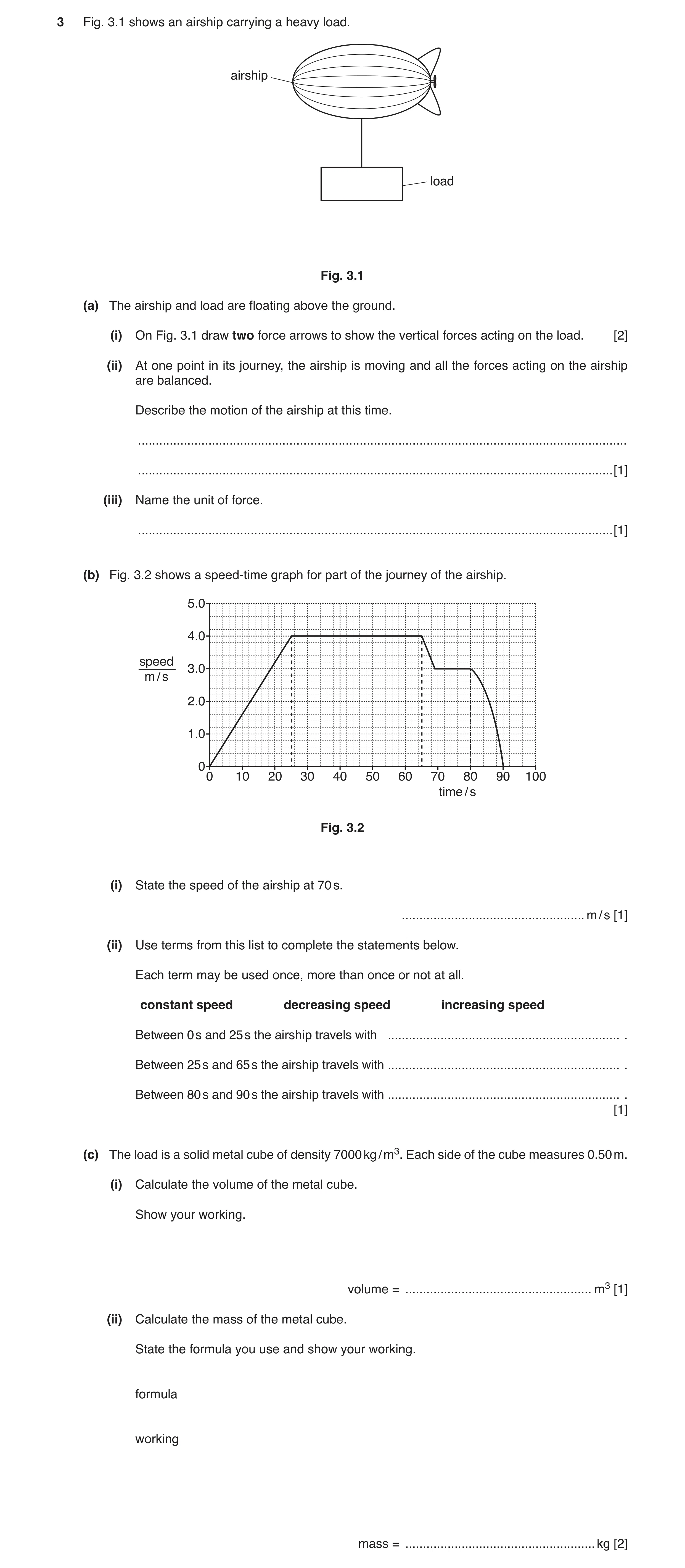 Question 8: Fig. 3.1 shows an airship carrying a heavy load. airship load Fig. 3.1 (a) The airship and load are floating above the ground. (i) On Fig. …