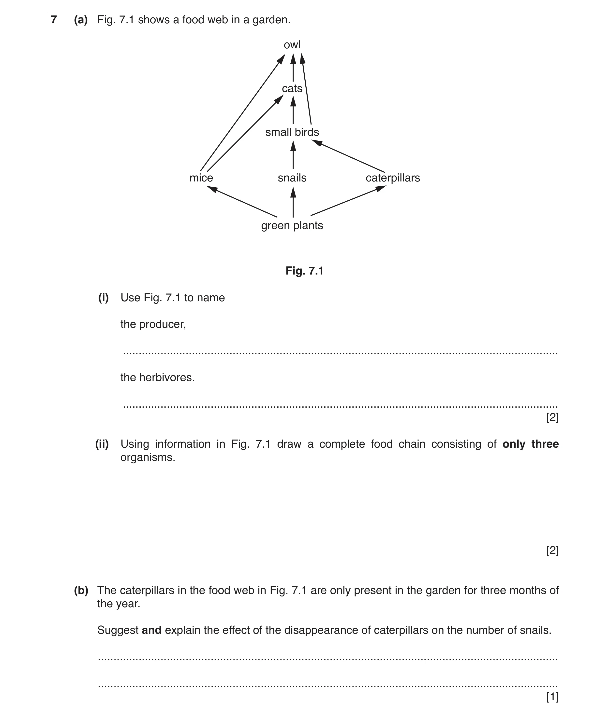 Question 6: (a) Fig. 7.1 shows a food web in a garden. owl cats small birds mice snails caterpillars green plants Fig. 7.1 (i) Use Fig. 7.1 to name the…