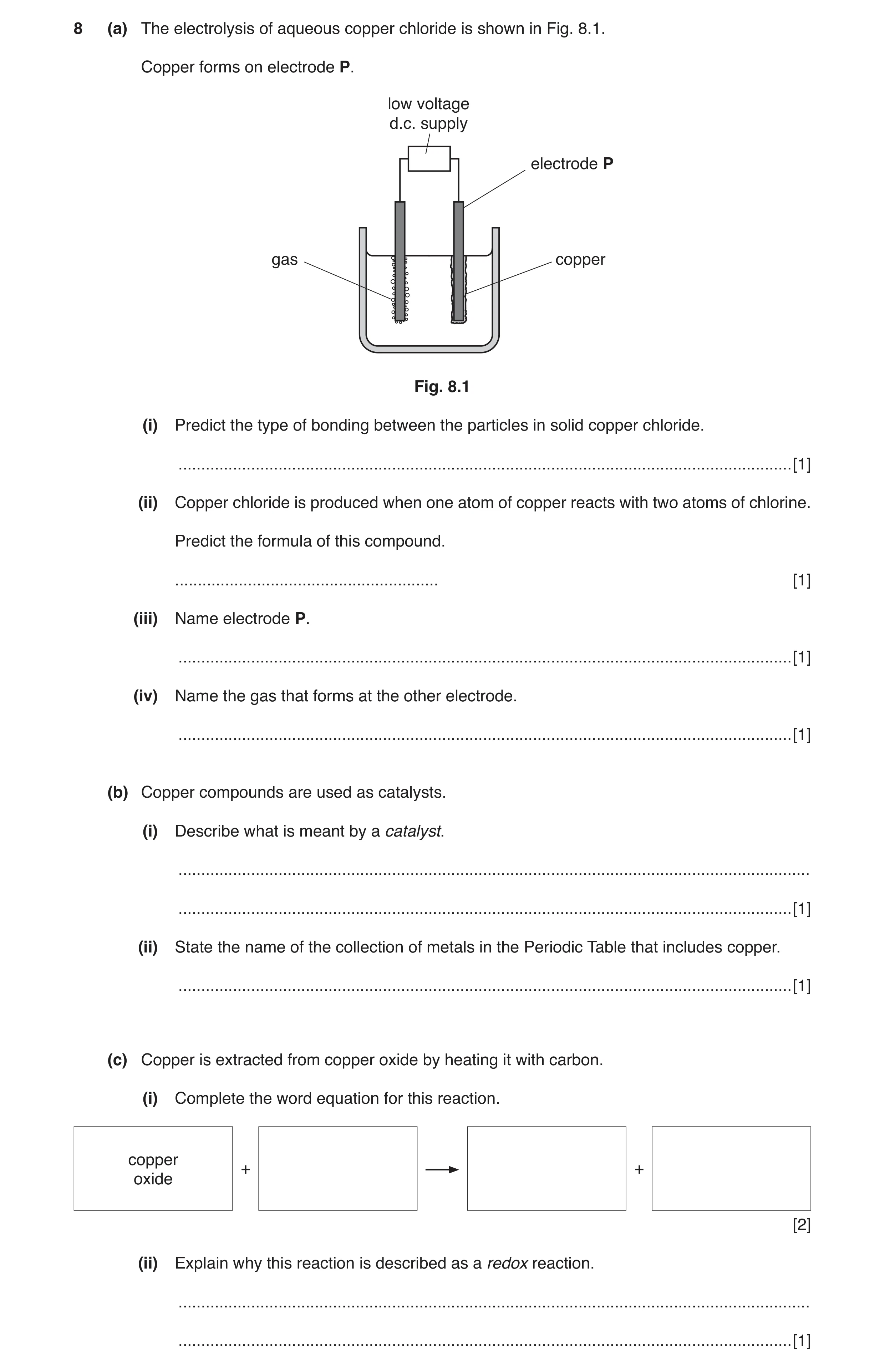 Question 3: (a) The electrolysis of aqueous copper chloride is shown in Fig. 8.1. Copper forms on electrode P. low voltage d.c. supply electrode P gas …