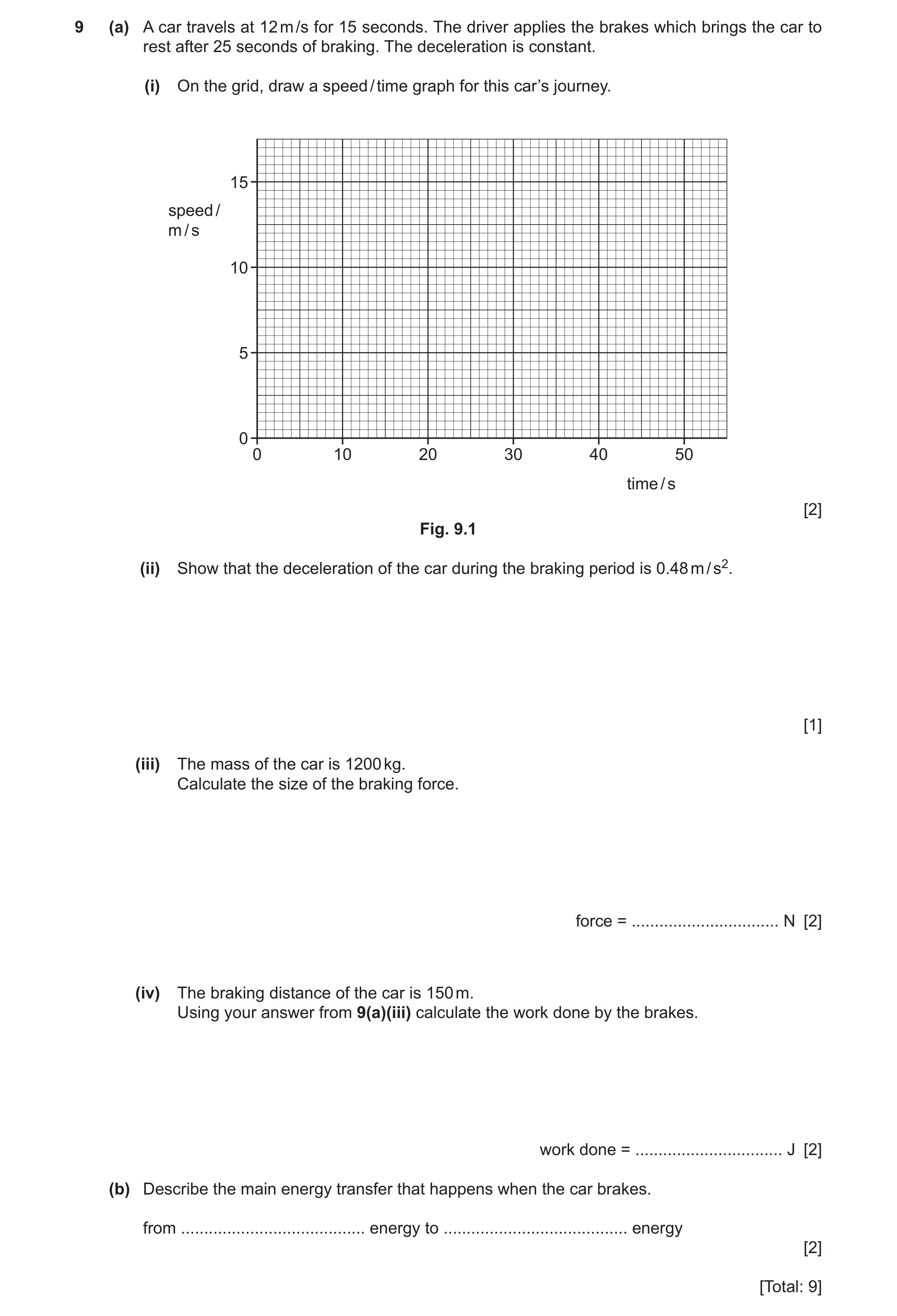 Question 27: (a) A car travels at 12 m /s for 15 seconds. The driver applies the brakes which brings the car to rest after 25 seconds of braking. The de…