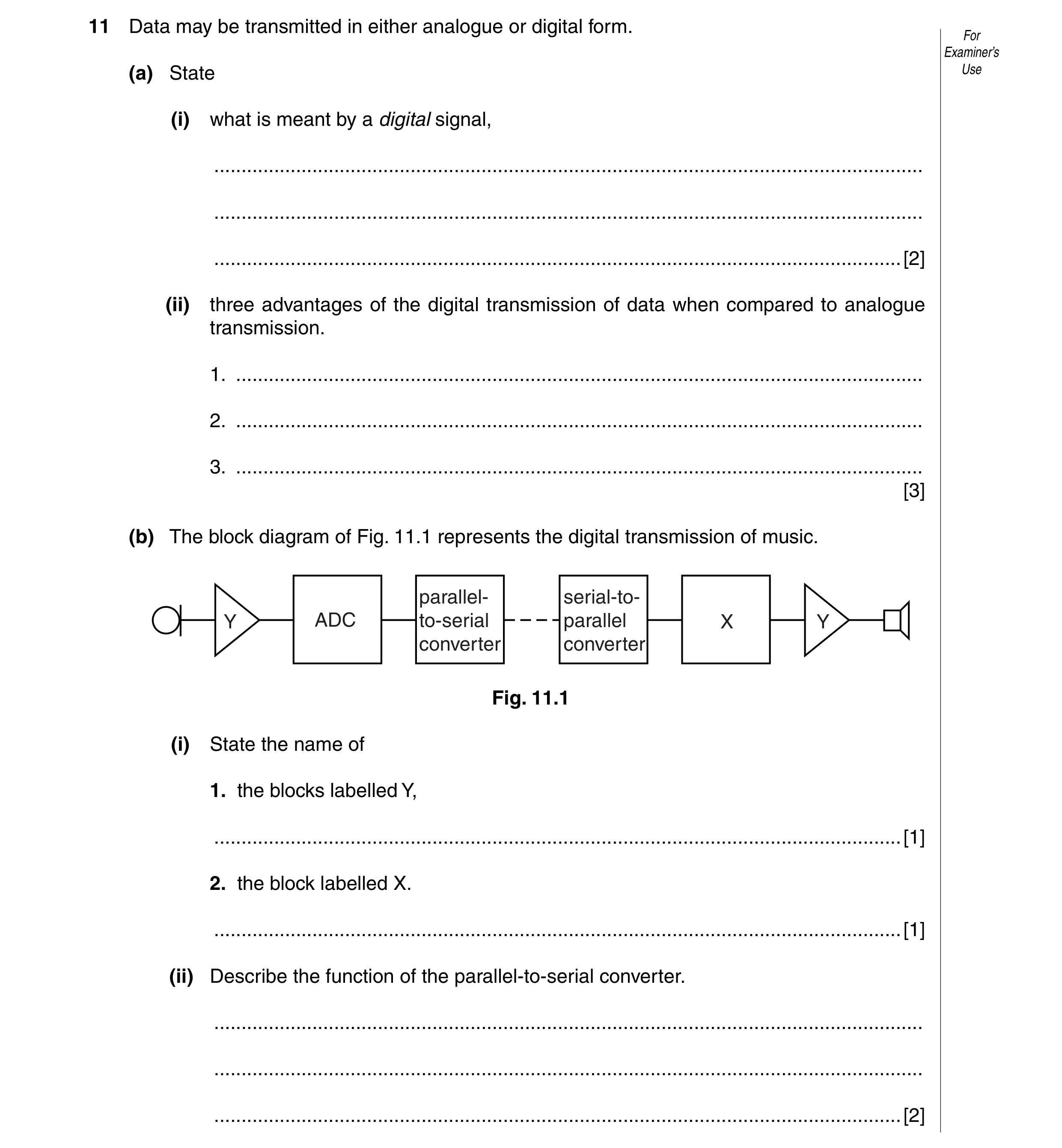 Question 17: Data may be transmitted in either analogue or digital form. For Examiner’s (a) State Use (i) what is meant by a digital signal, ...........…