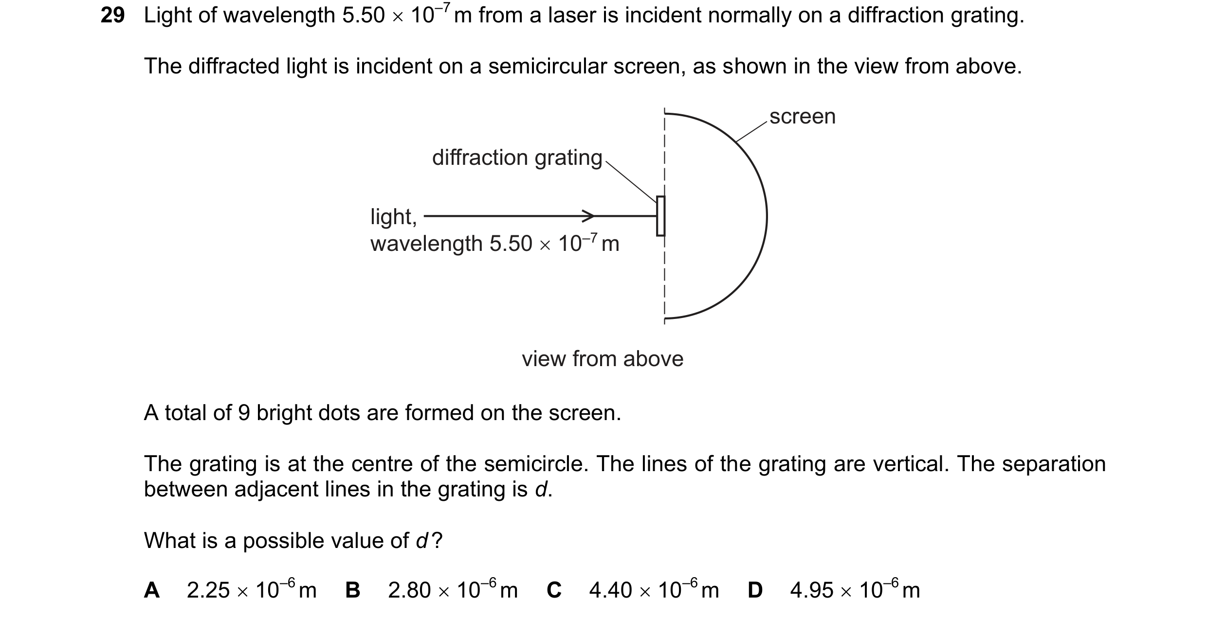 Question 71: Light of wavelength 5.50 x 10°’ m from a laser is incident normally on a diffraction grating.
The diffracted light is incident on a semicir…