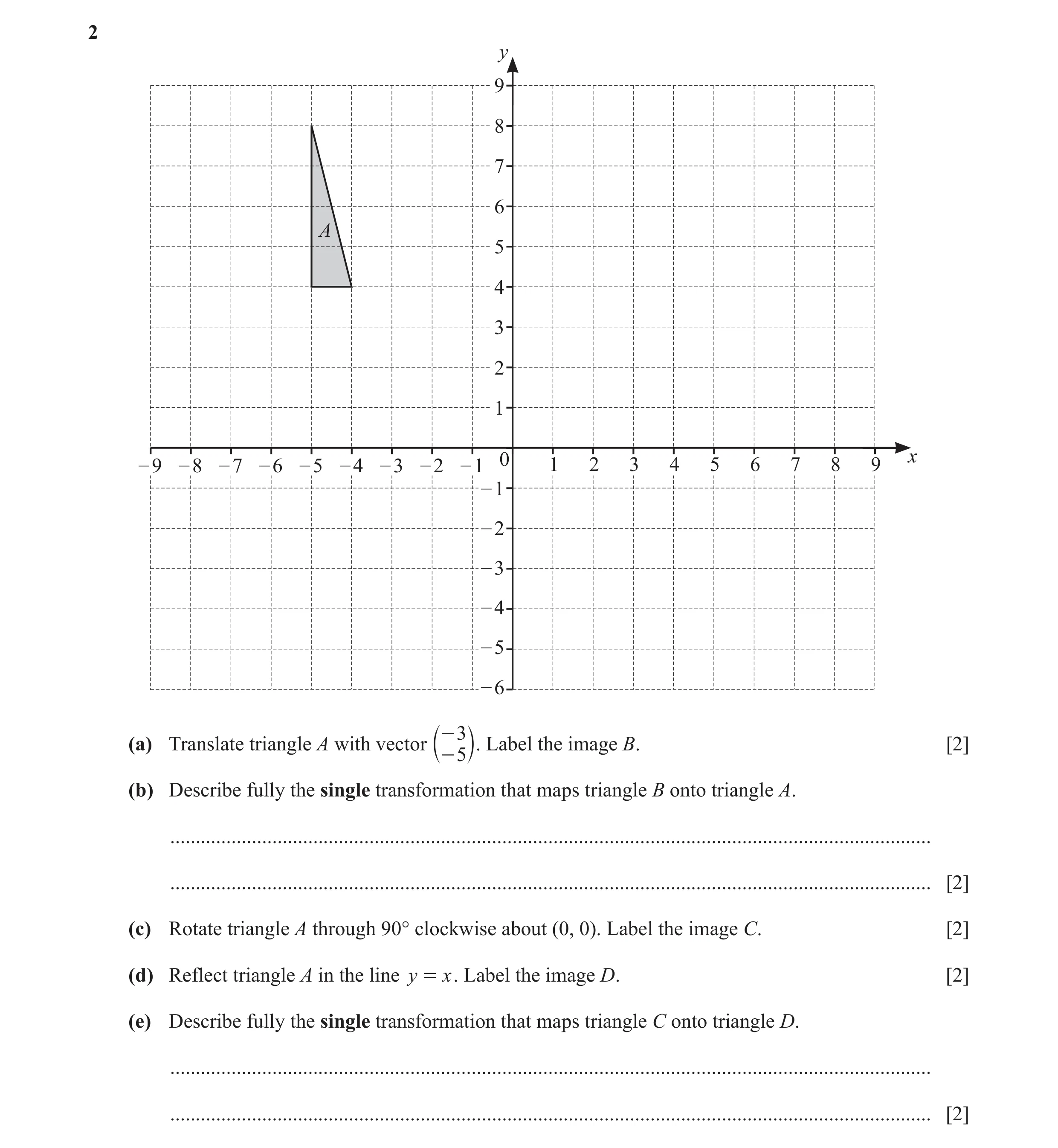 Question 26: y 9 8 7 6 A 5 4 3 2 1 – 9 – 8 – 7 – 6 – 5 – 4 – 3 – 2 – 1 0 1 2 3 4 5 6 7 8 9 x – 1 – 2 – 3 – 4 – 5 – 6 - 3 (a) Translate triangle A with v…