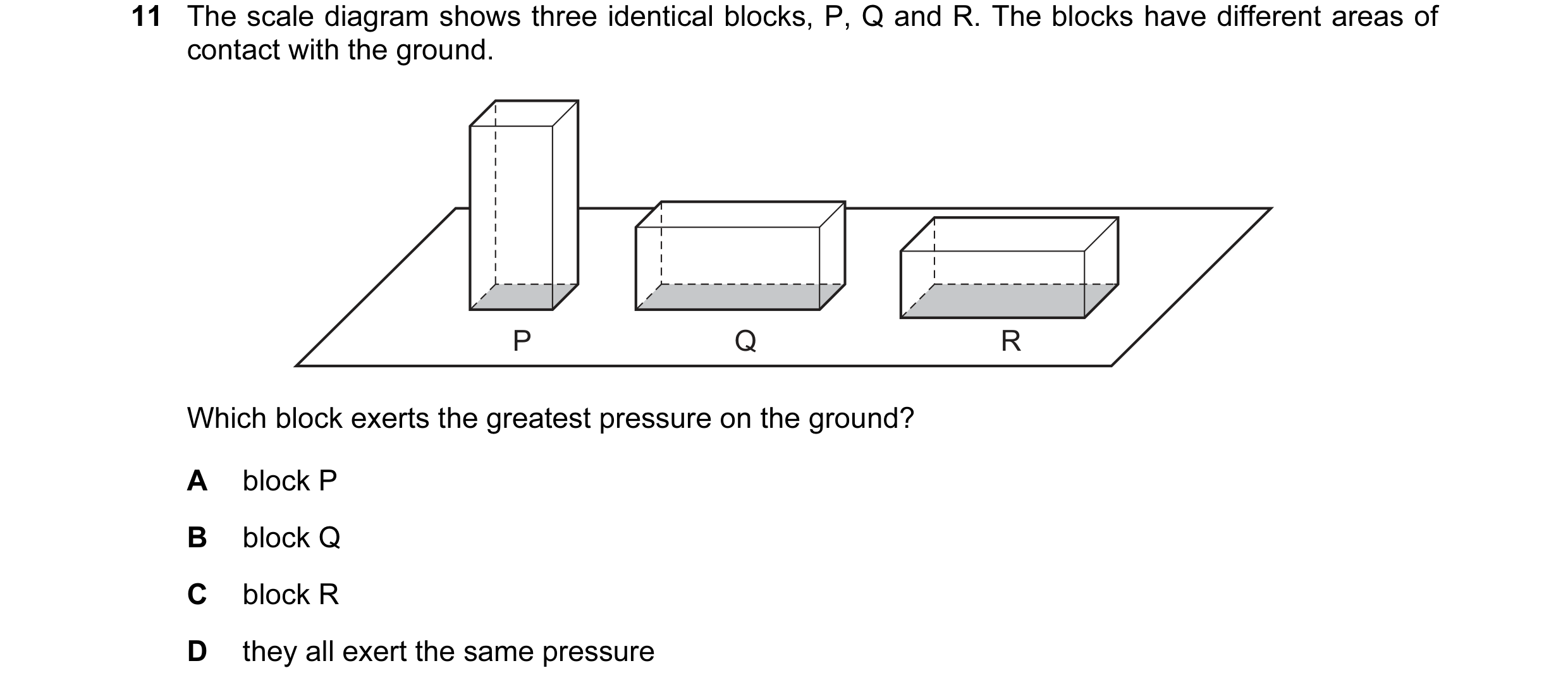 Question 79: The scale diagram shows three identical blocks, P, Q and R. The blocks have different areas of contact with the ground. P Q R Which block e…