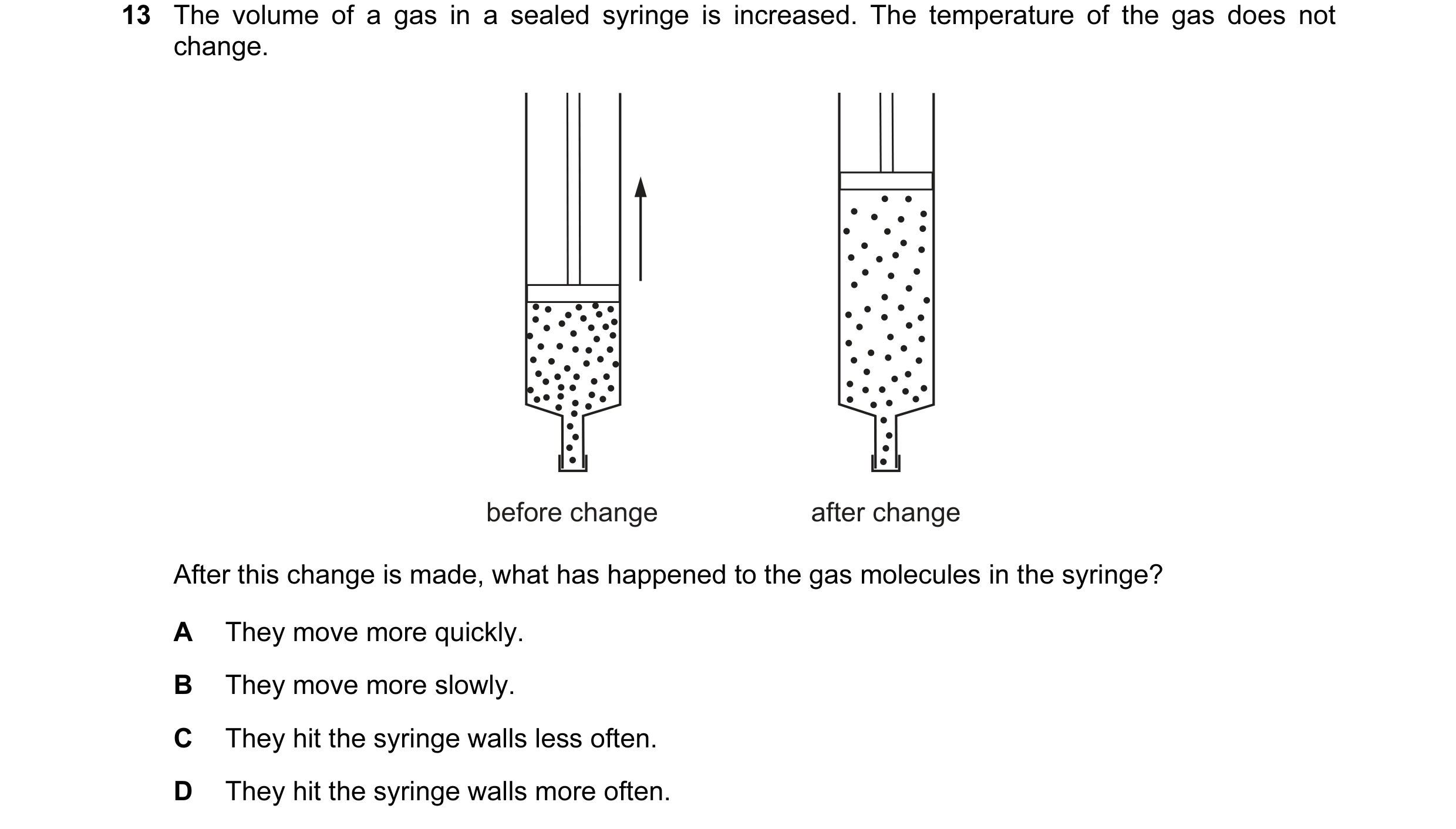 Question 81: The volume of a gas in a sealed syringe is increased. The temperature of the gas does not change. before change after change After this cha…