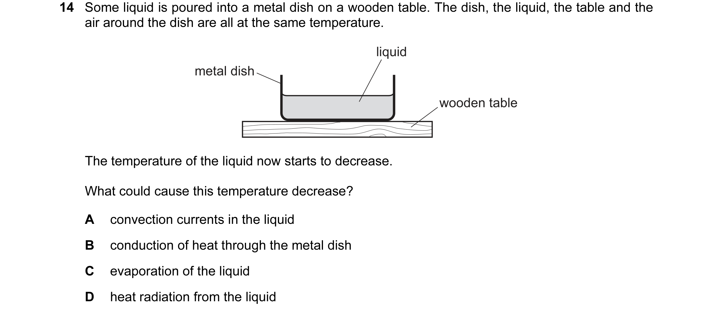 Question 85: Some liquid is poured into a metal dish on a wooden table. The dish, the liquid, the table and the air around the dish are all at the same …