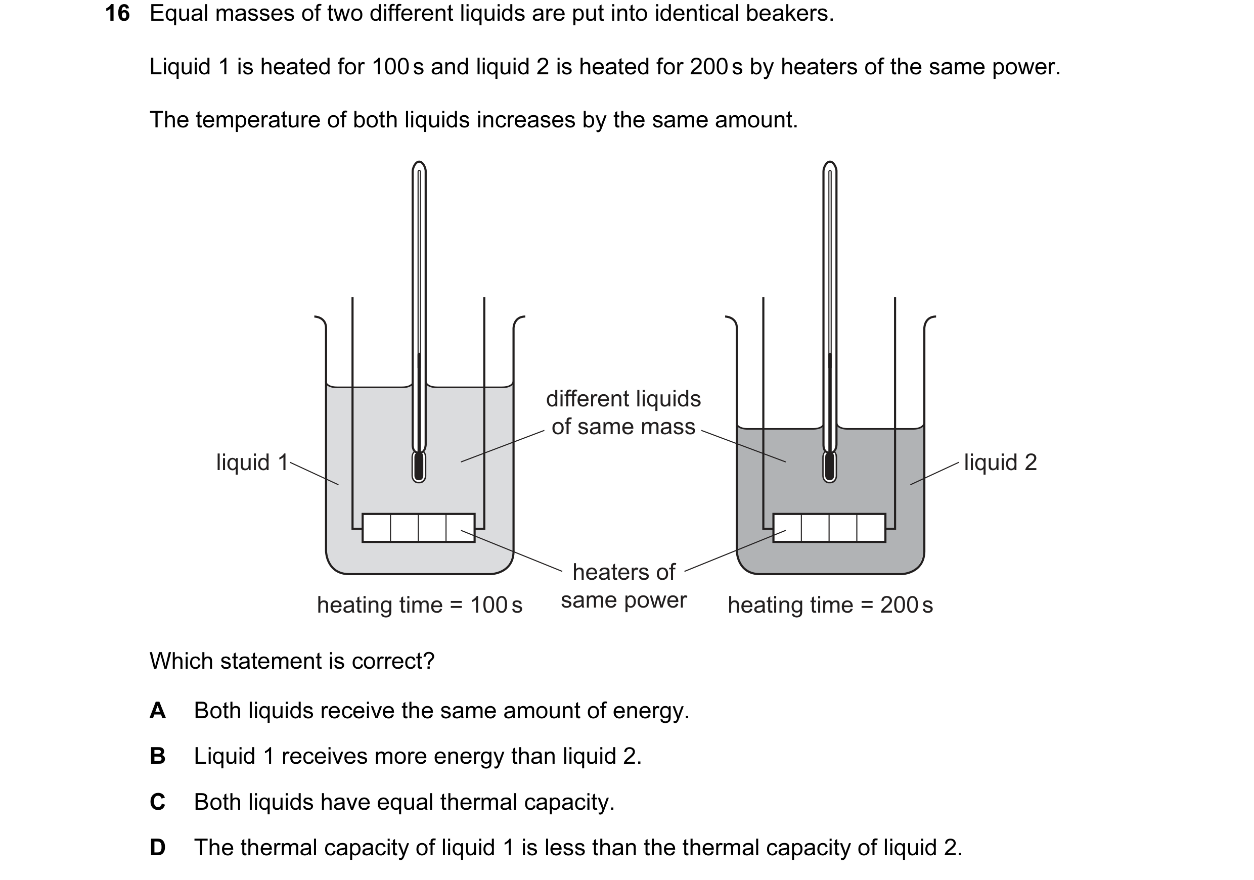 Question 87: Equal masses of two different liquids are put into identical beakers. Liquid 1 is heated for 100 s and liquid 2 is heated for 200 s by heat…