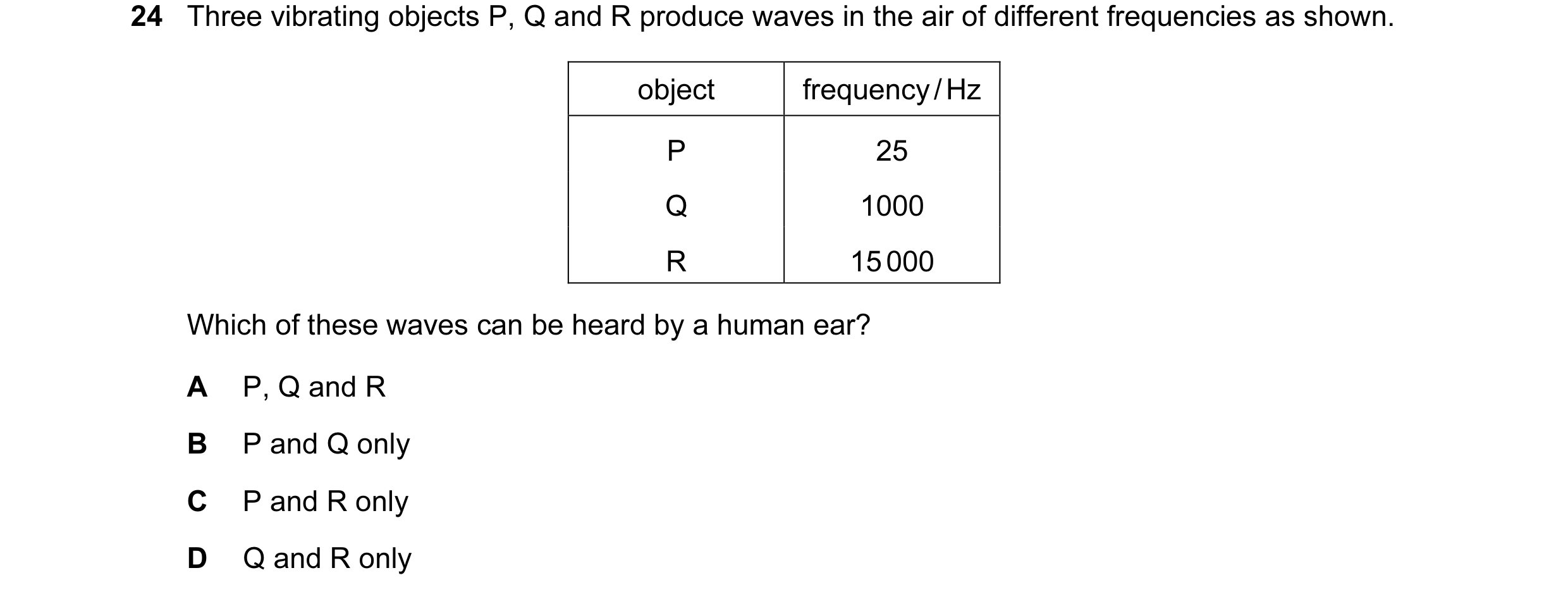 Question 80: Three vibrating objects P, Q and R produce waves in the air of different frequencies as shown. object frequency / Hz P 25 Q 1000 R 15 000 W…