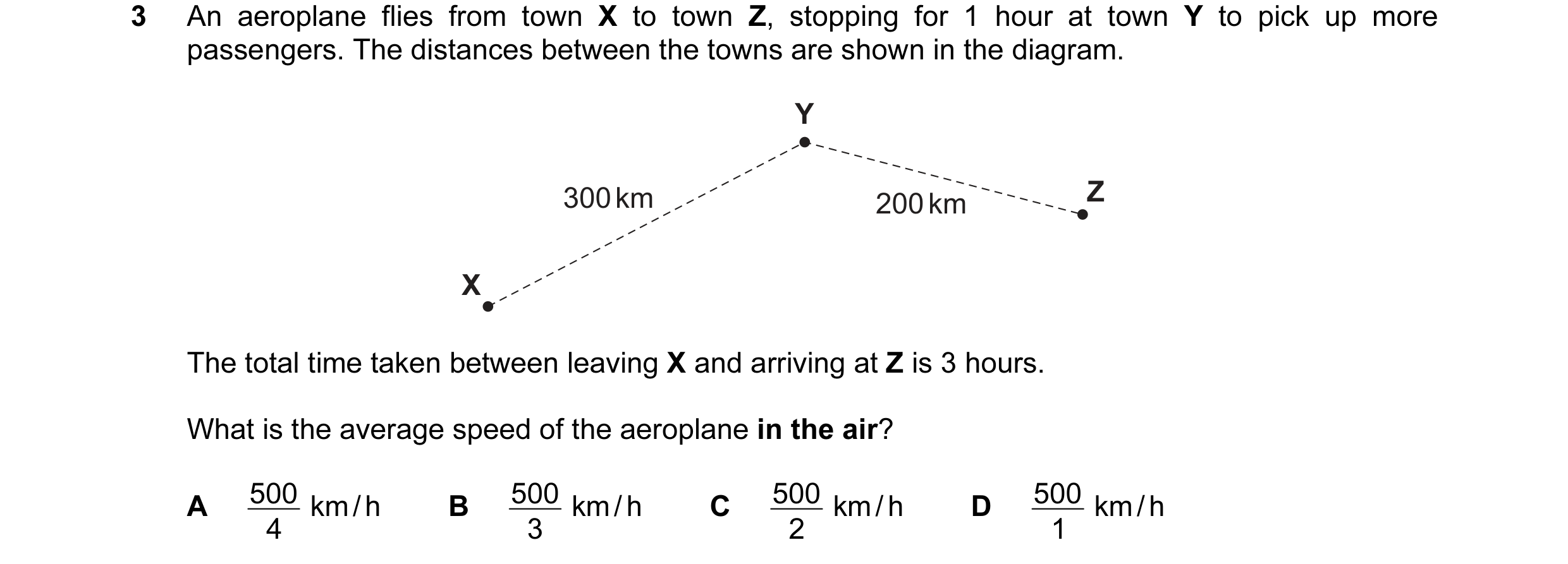 Question 89: An aeroplane flies from town X to town Z, stopping for 1 hour at town Y to pick up more passengers. The distances between the towns are sho…
