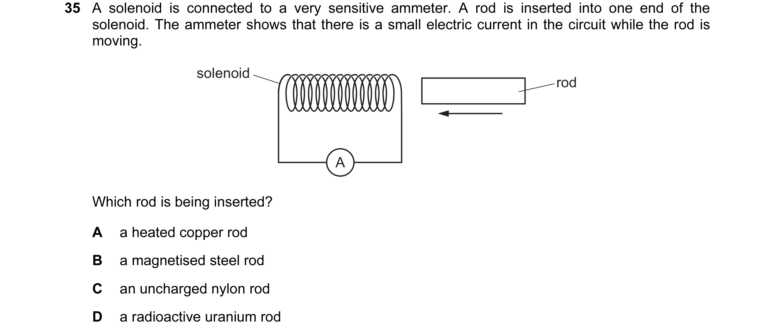 Question 105: A solenoid is connected to a very sensitive ammeter. A rod is inserted into one end of the solenoid. The ammeter shows that there is a smal…