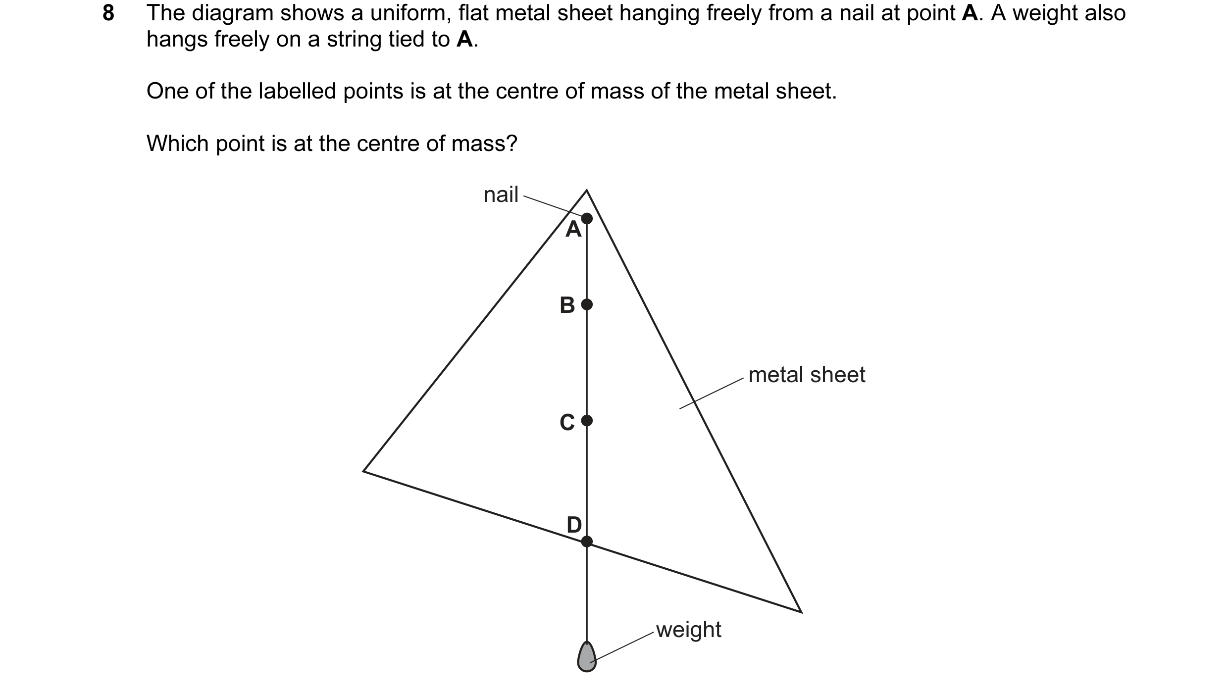 Question 100: The diagram shows a uniform, flat metal sheet hanging freely from a nail at point A. A weight also hangs freely on a string tied to A. One …