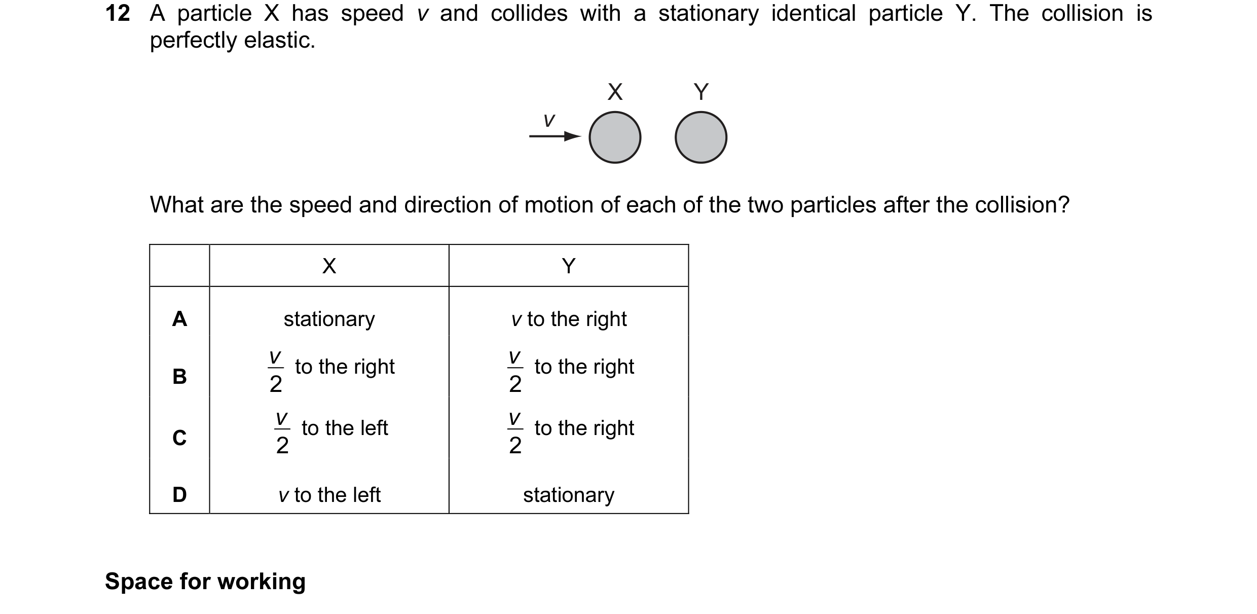 Question 48: A particle X has speed v and collides with a stationary identical particle Y. The collision is perfectly elastic. X Y v What are the speed …