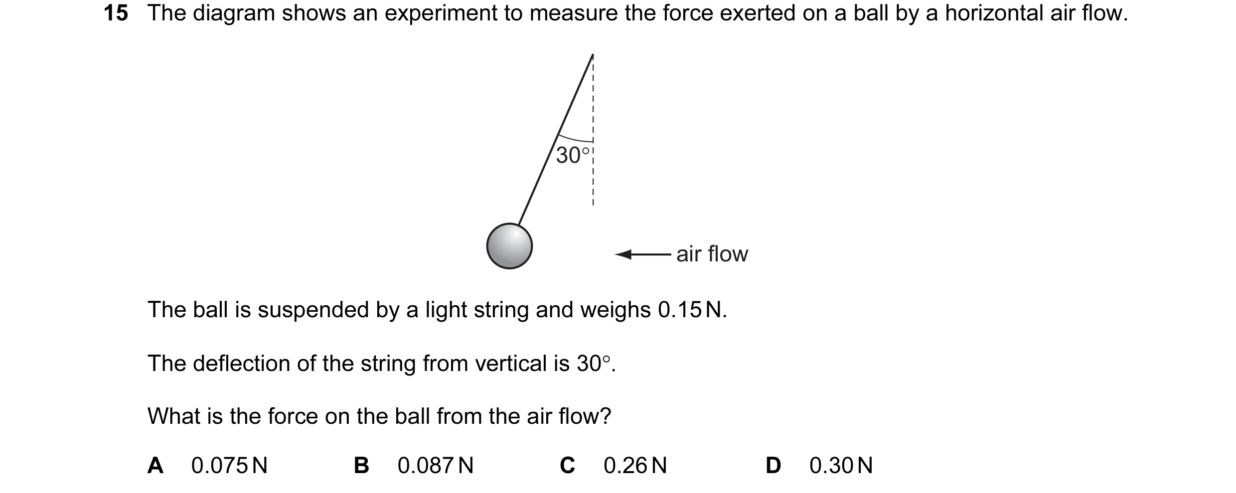 Question 27: The diagram shows an experiment to measure the force exerted on a ball by a horizontal air flow. 30° air flow The ball is suspended by a li…