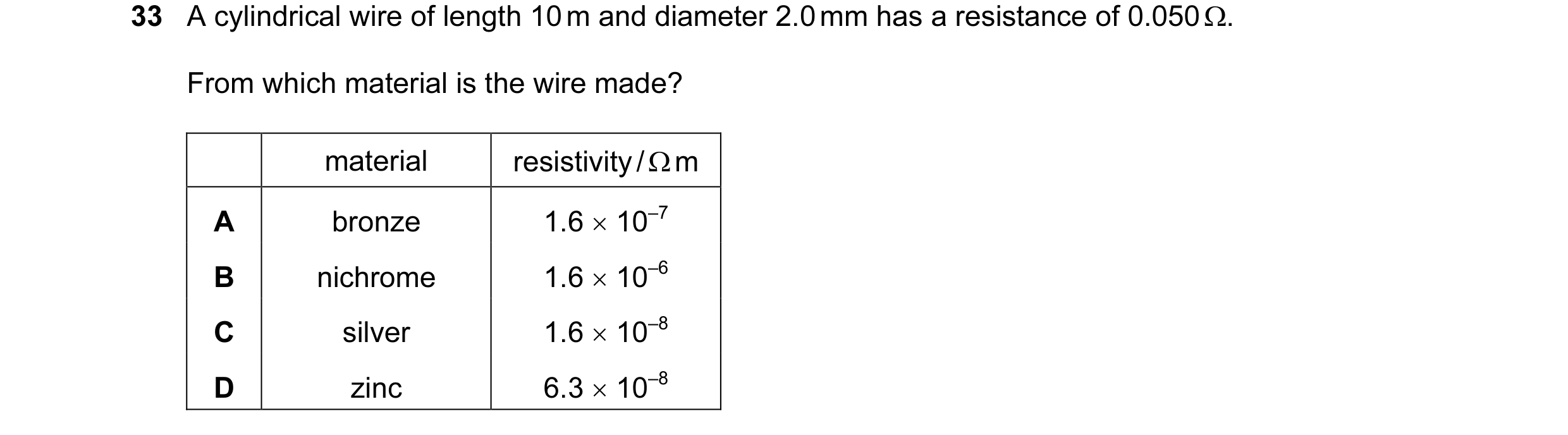 Question 38: A cylindrical wire of length 10 m and diameter 2.0 mm has a resistance of 0.050 Ω. From which material is the wire made? material resistivi…