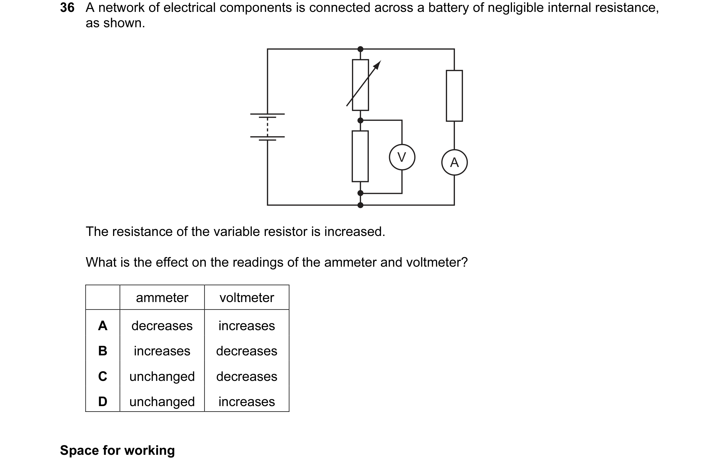 Question 45: A network of electrical components is connected across a battery of negligible internal resistance, as shown. V A The resistance of the var…