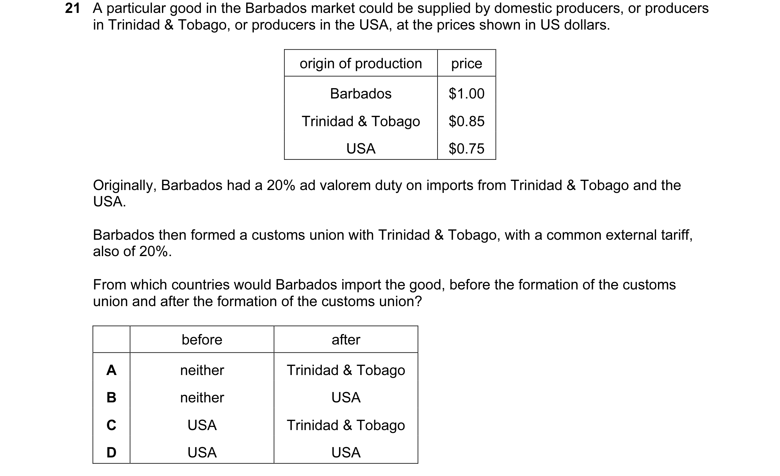Question 72: A particular good in the Barbados market could be supplied by domestic producers, or producers in Trinidad & Tobago, or producers in the US…