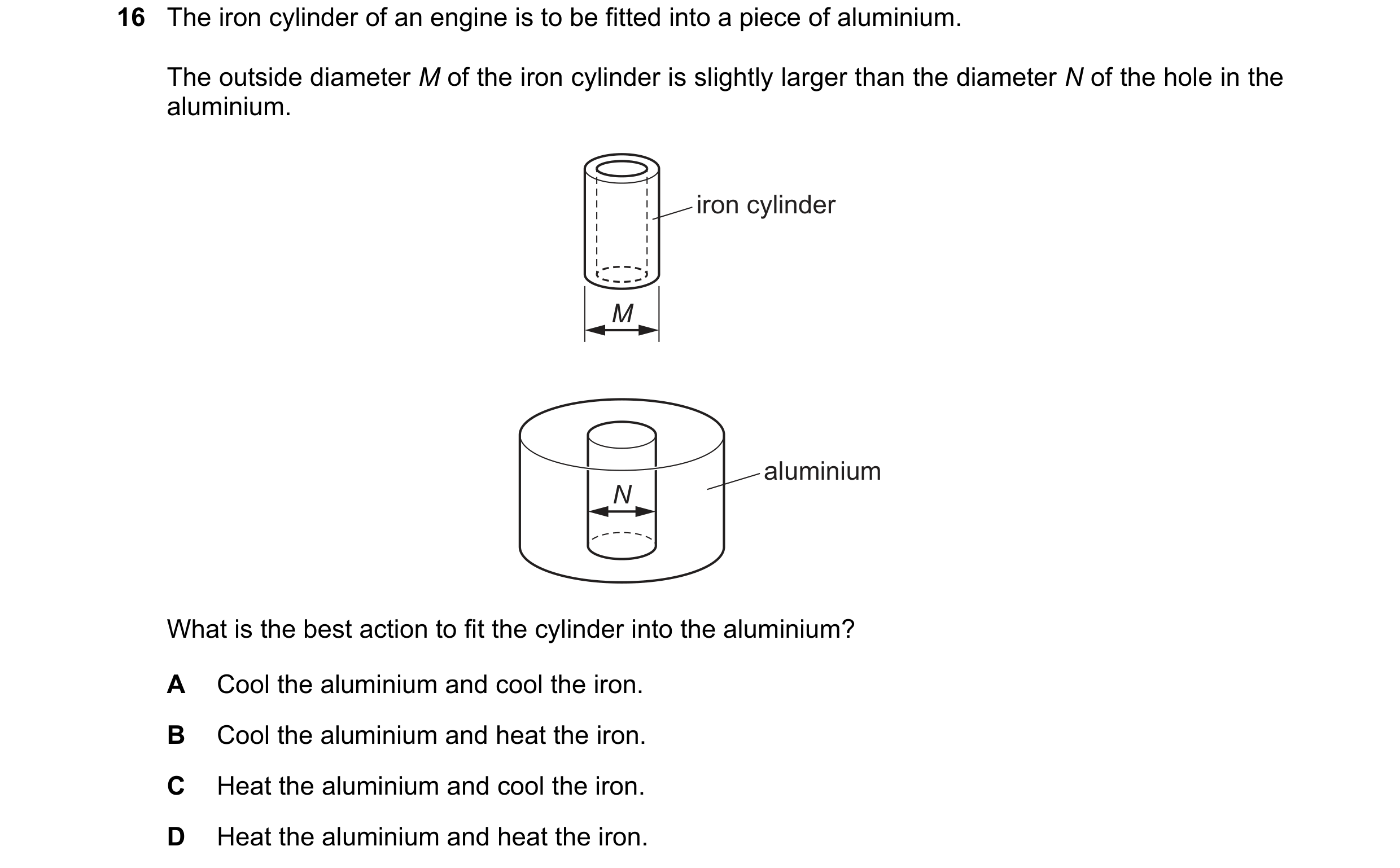 Question 116: The iron cylinder of an engine is to be fitted into a piece of aluminium. The outside diameter M of the iron cylinder is slightly larger th…