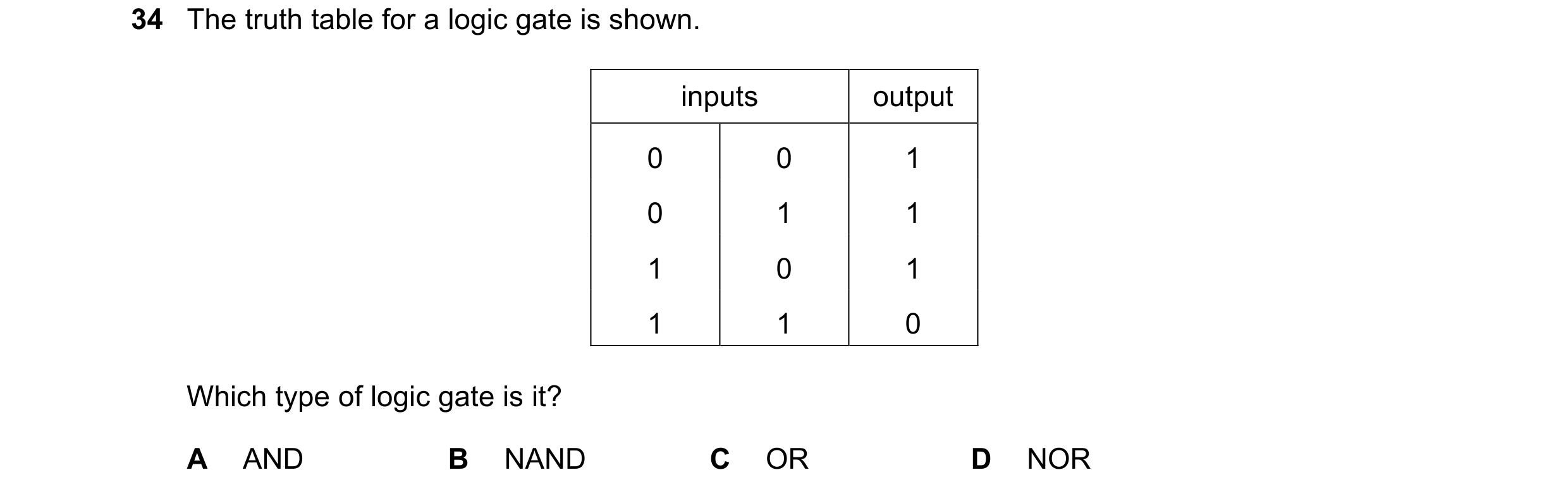 Question 225: The truth table for a logic gate is shown. inputs output 0 0 1 0 1 1 1 0 1 1 1 0 Which type of logic gate is it? A AND B NAND C OR D NOR